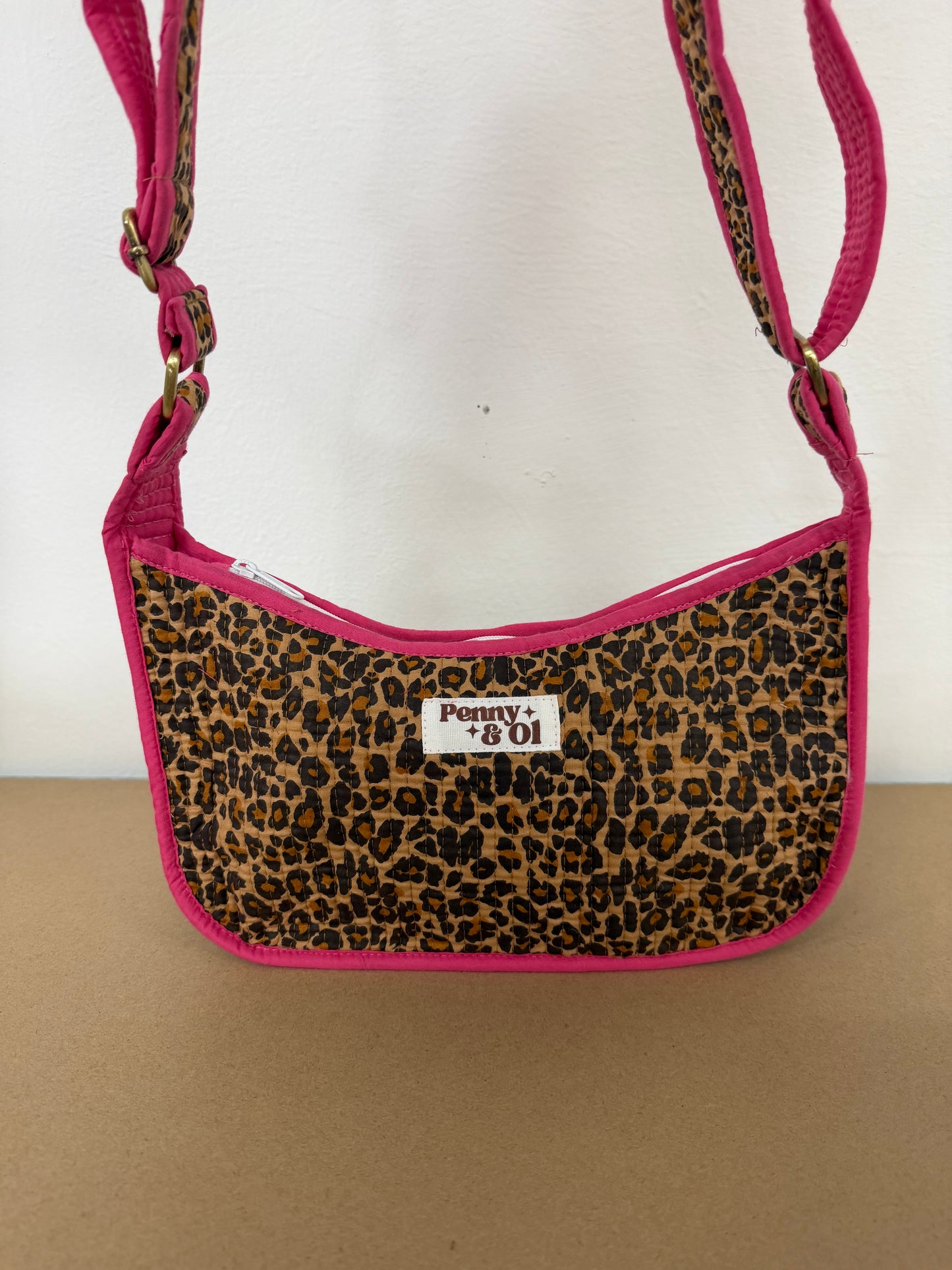 Pink Leopard Mini Shoulder Bag, Handmade Cotton Tote Bags