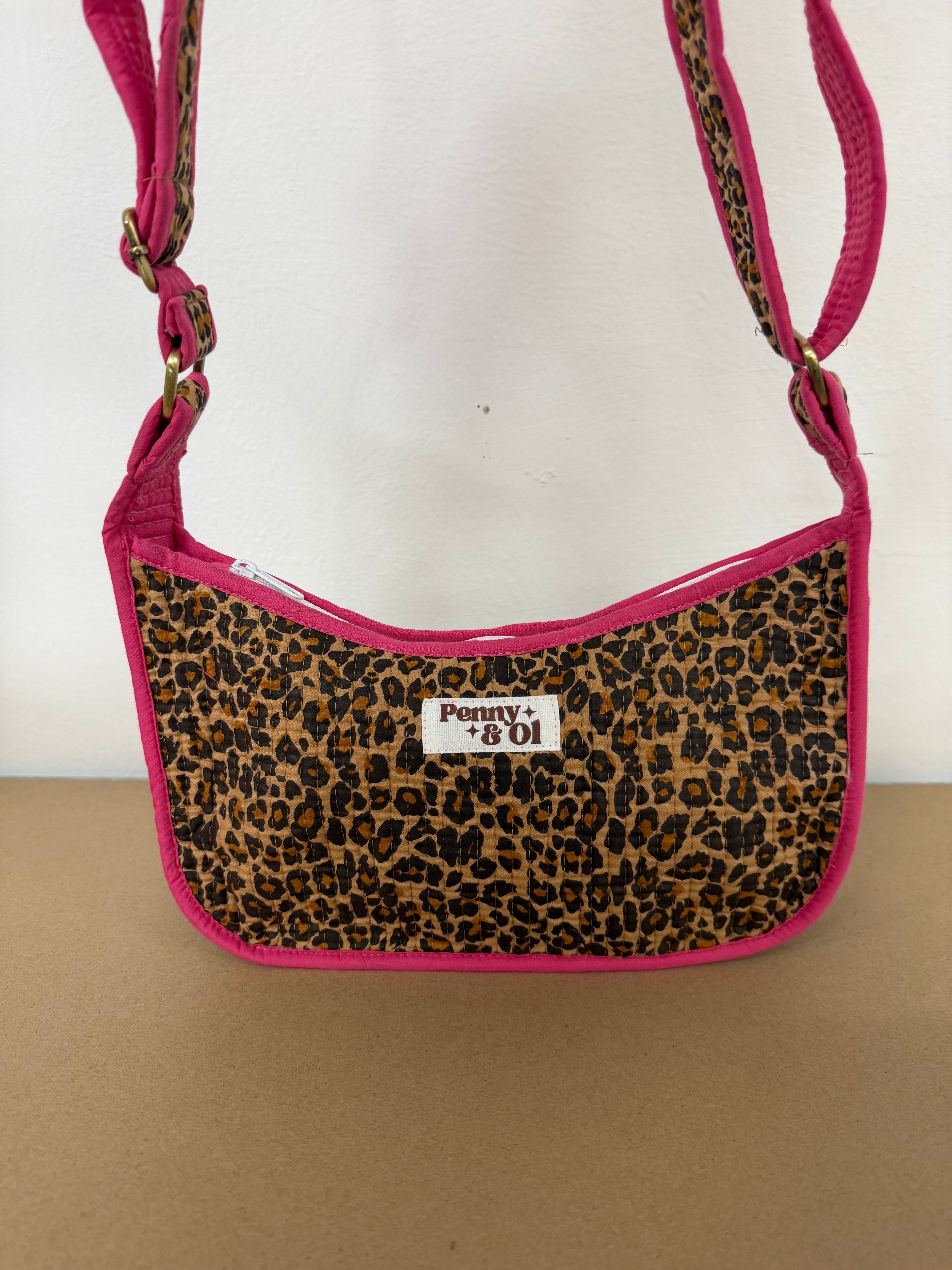 Pink Leopard Mini Shoulder Bag, Handmade Cotton Tote Bags
