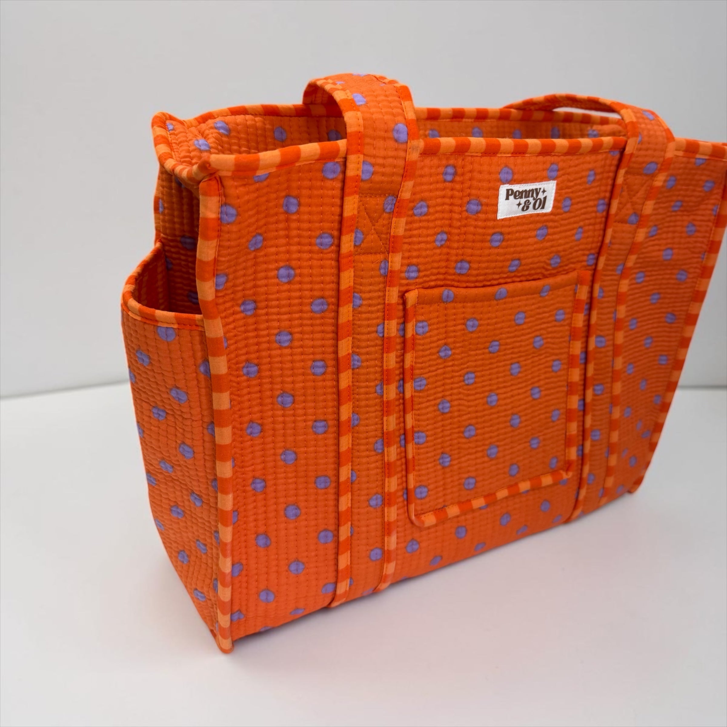 Orange polka dot & ORANGE stripe lining travel tote bags. Handmade cotton totes