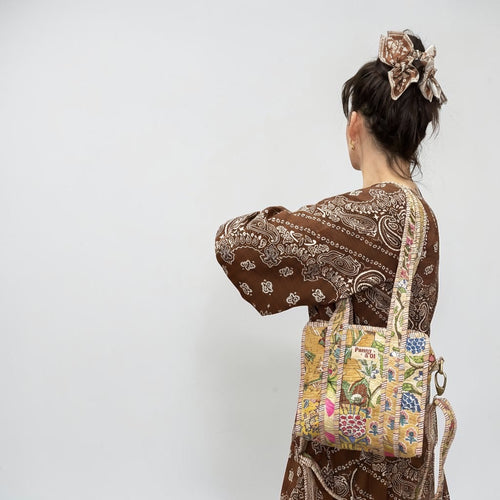 Beige Patchwork Mini Tote, Cotton, handmade tote bags