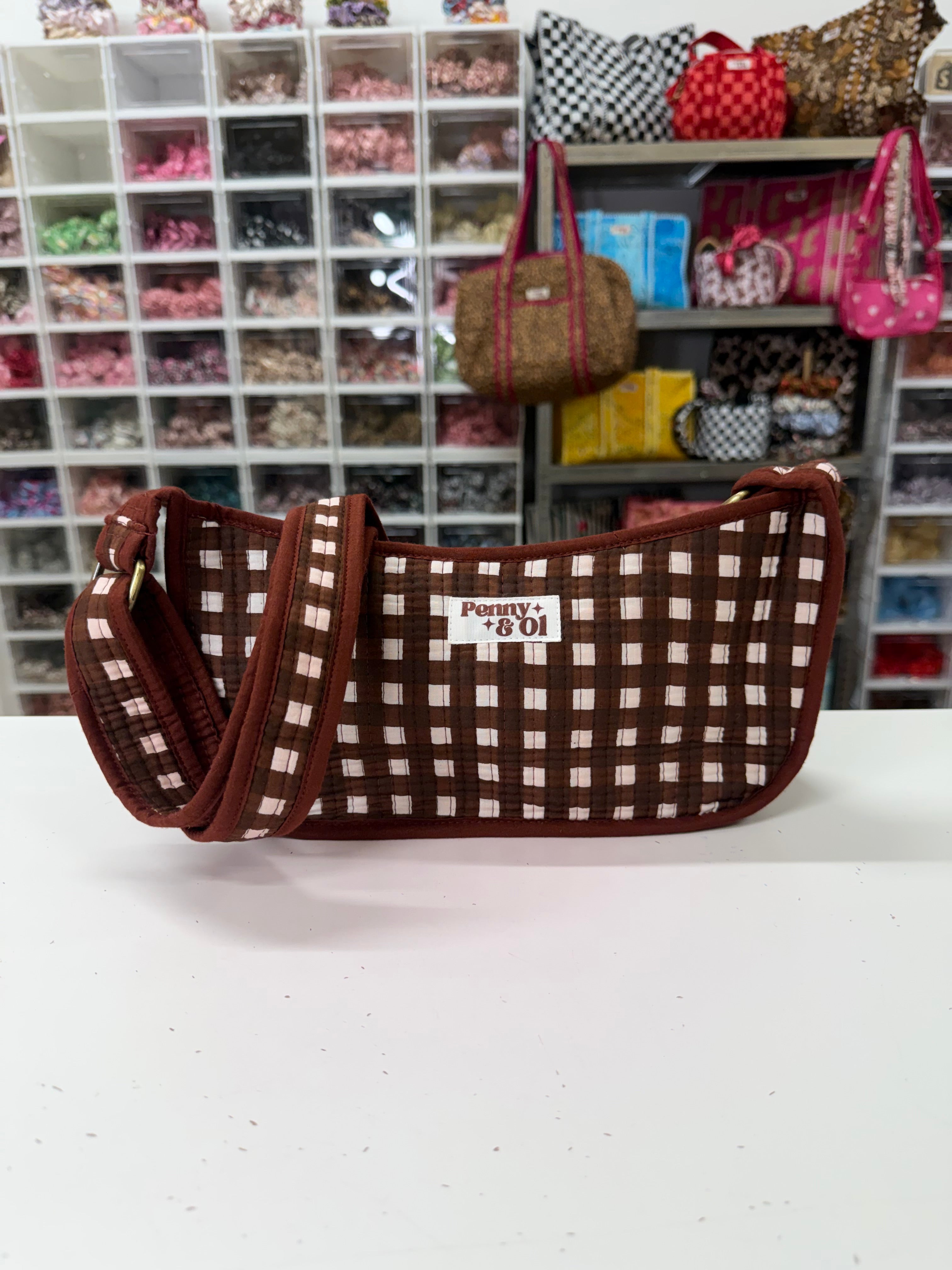 Chocolate Gingham Mini SHOULDER bag, cross body bag.