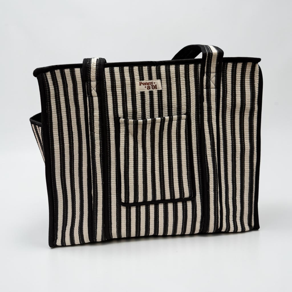 Black and white stripe travel tote bags. Handmade cotton totes