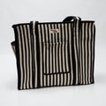 Black and white stripe travel tote bags. Handmade cotton totes