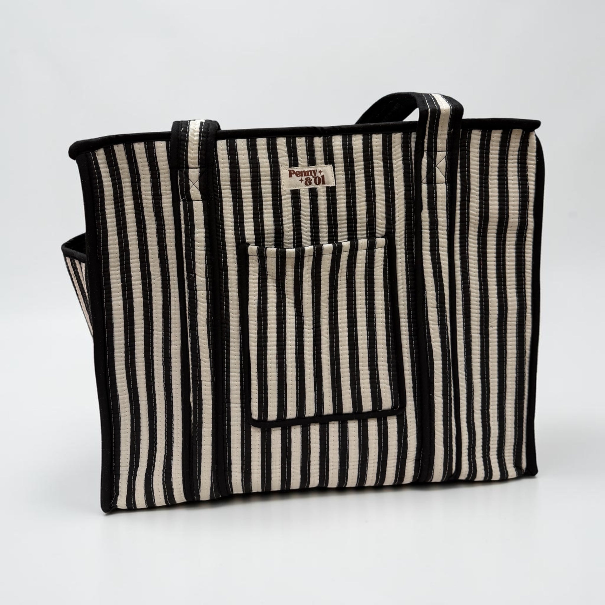 Black and white stripe travel tote bags. Handmade cotton totes