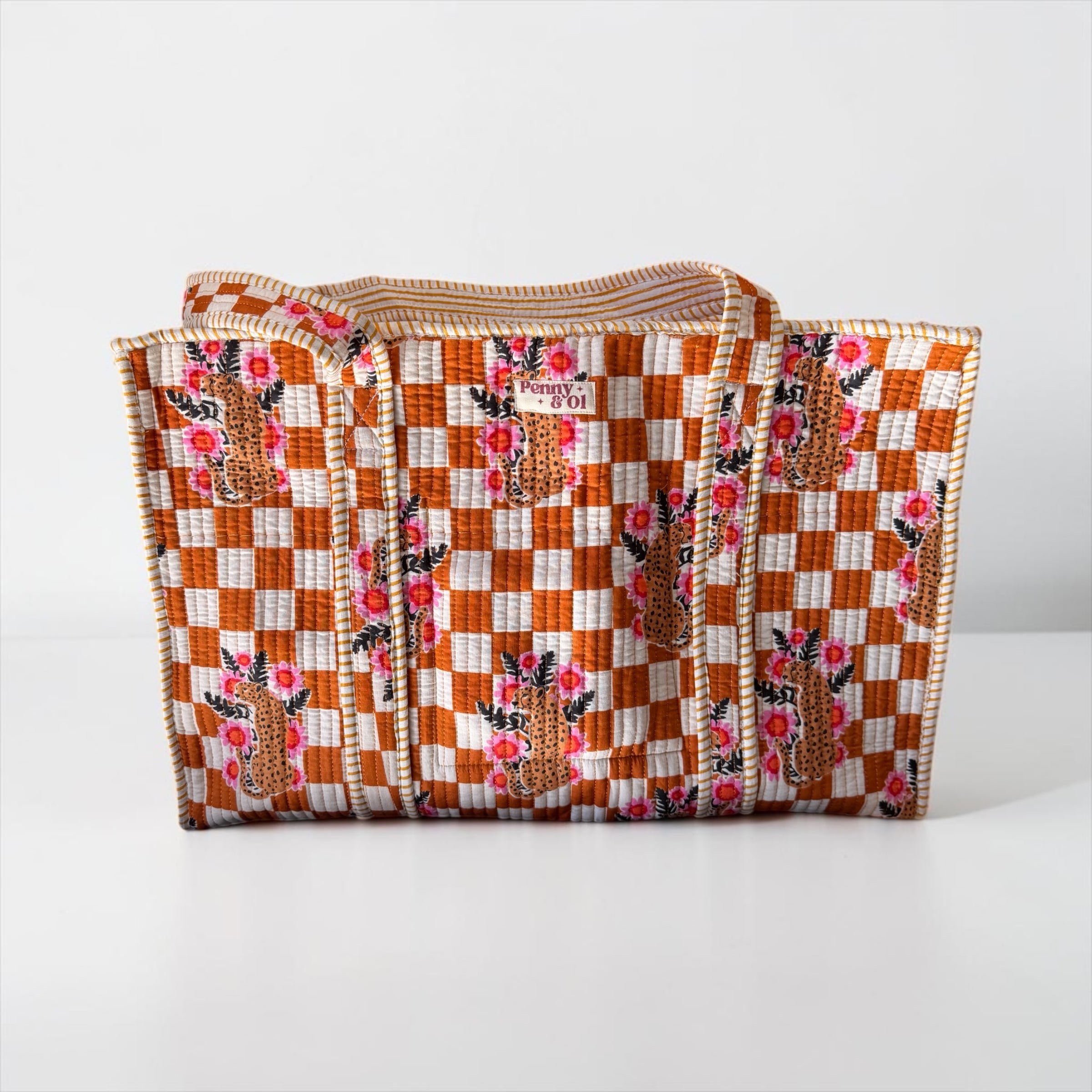 Brown Checkered Leopard Medium Cotton, handmade tote bag
