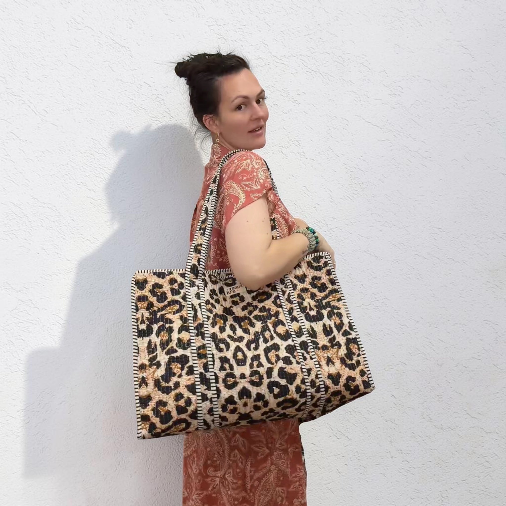 Leopard print large tote bag, cotton handmade tote