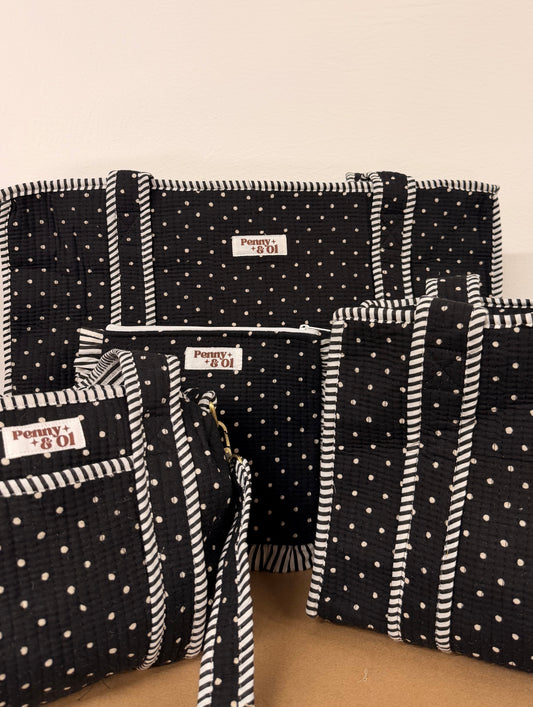 Black Polka Dot collection, tote bags. Cotton tote bags all sizes