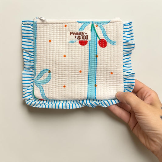 Blue Cherry Bows Ruffle Pouch
