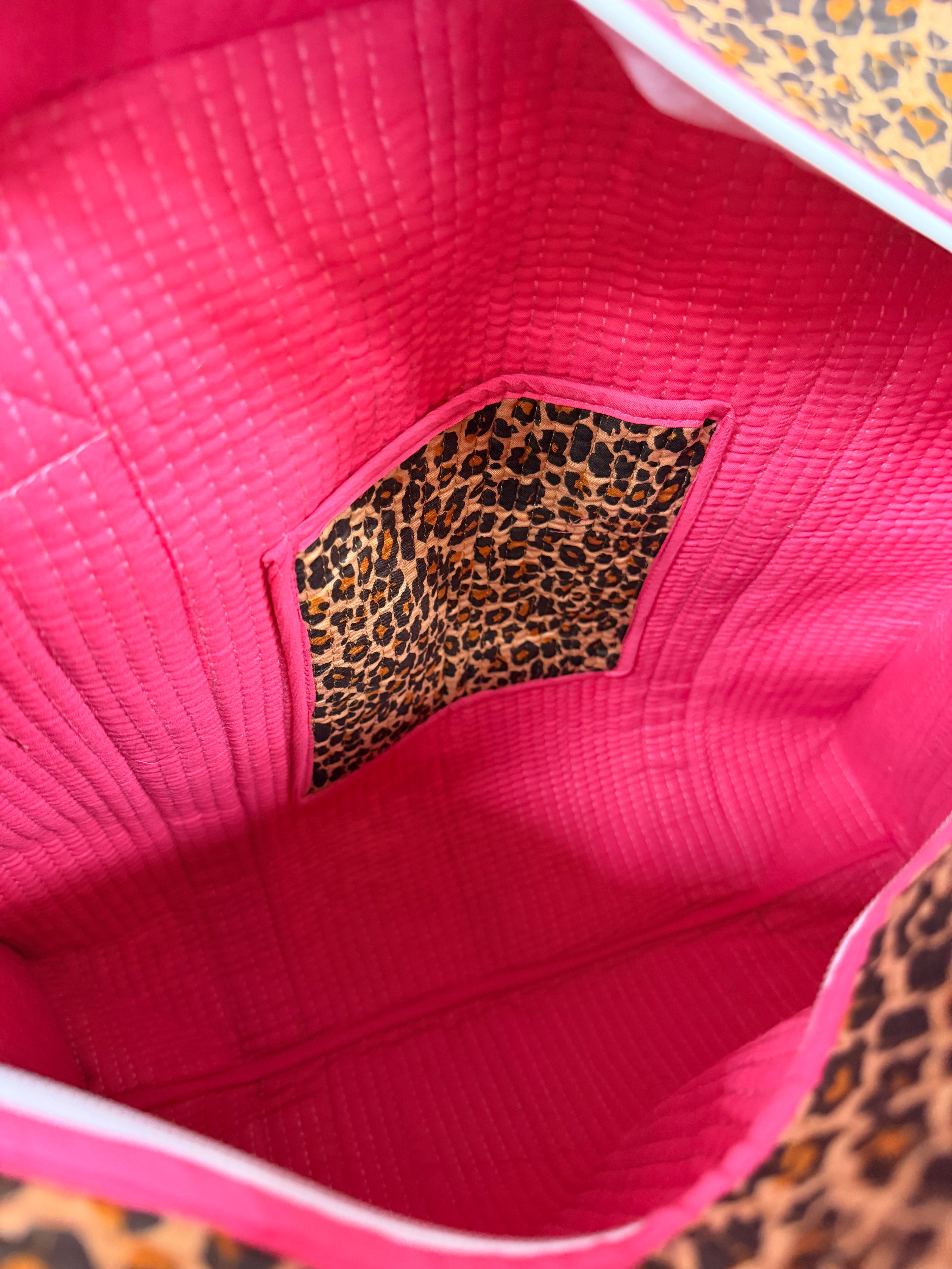 Pink Leopard Print Travel Tote, Handmade Cotton Tote Bag