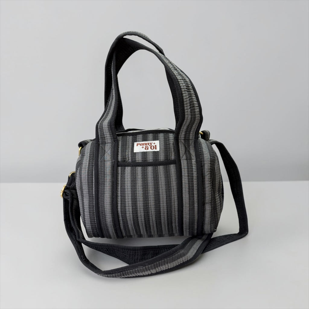 Black & Grey Stripe Mini Duffle Tote Bags - Penny & Ol