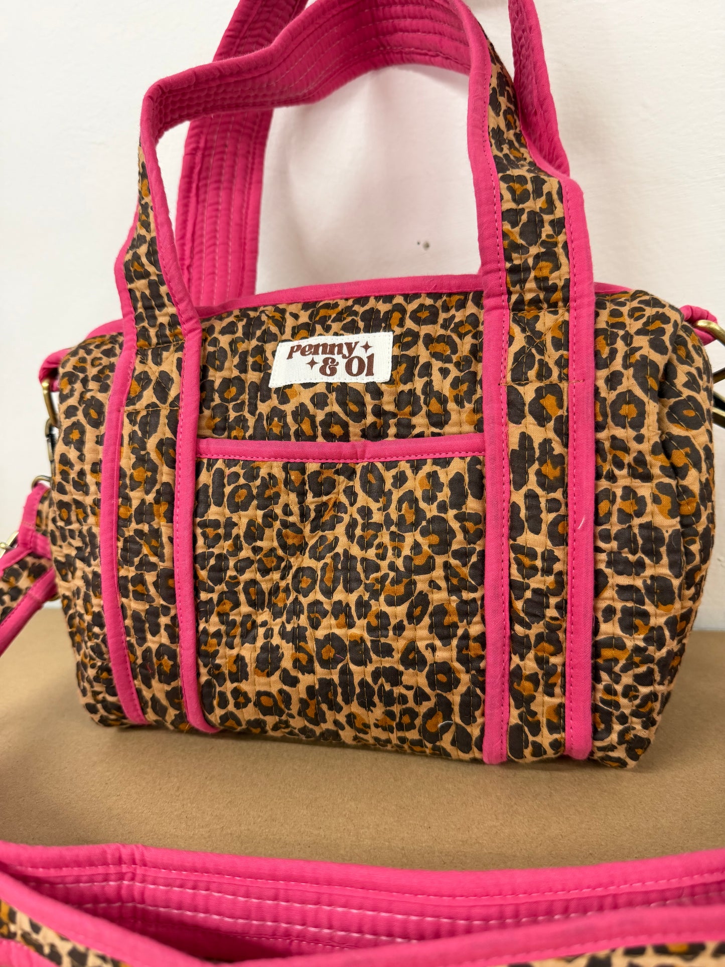 Pink Leopard Print Mini Duffle Tote, Handmade Tote Bag
