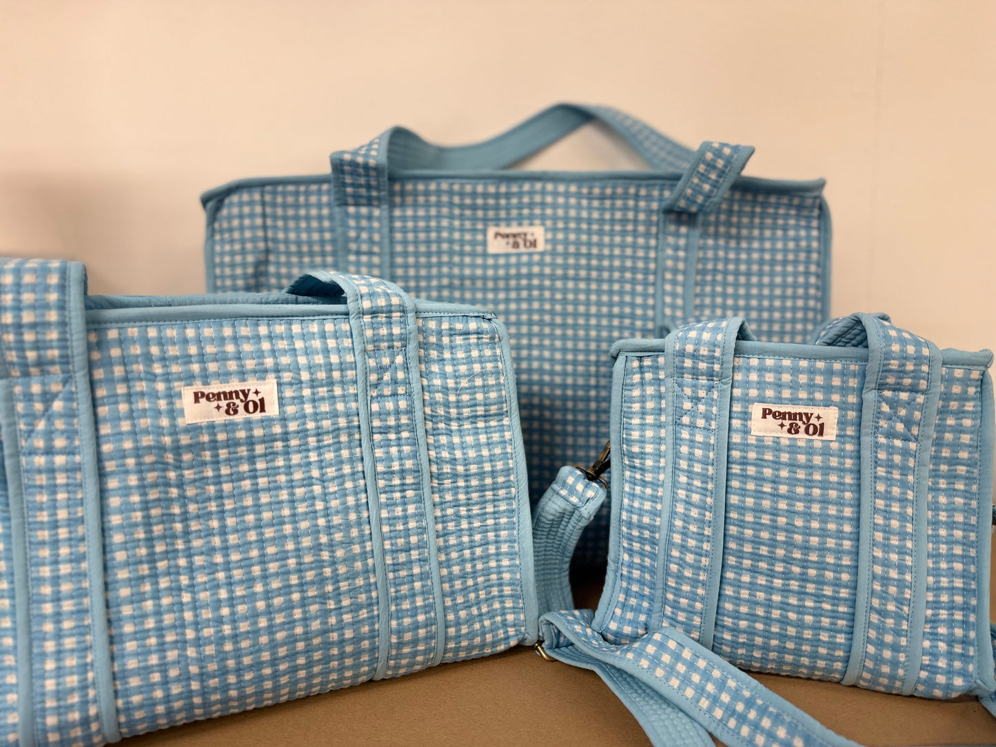 Baby Blue Gingham Collection. Cotton, handmade tote bags