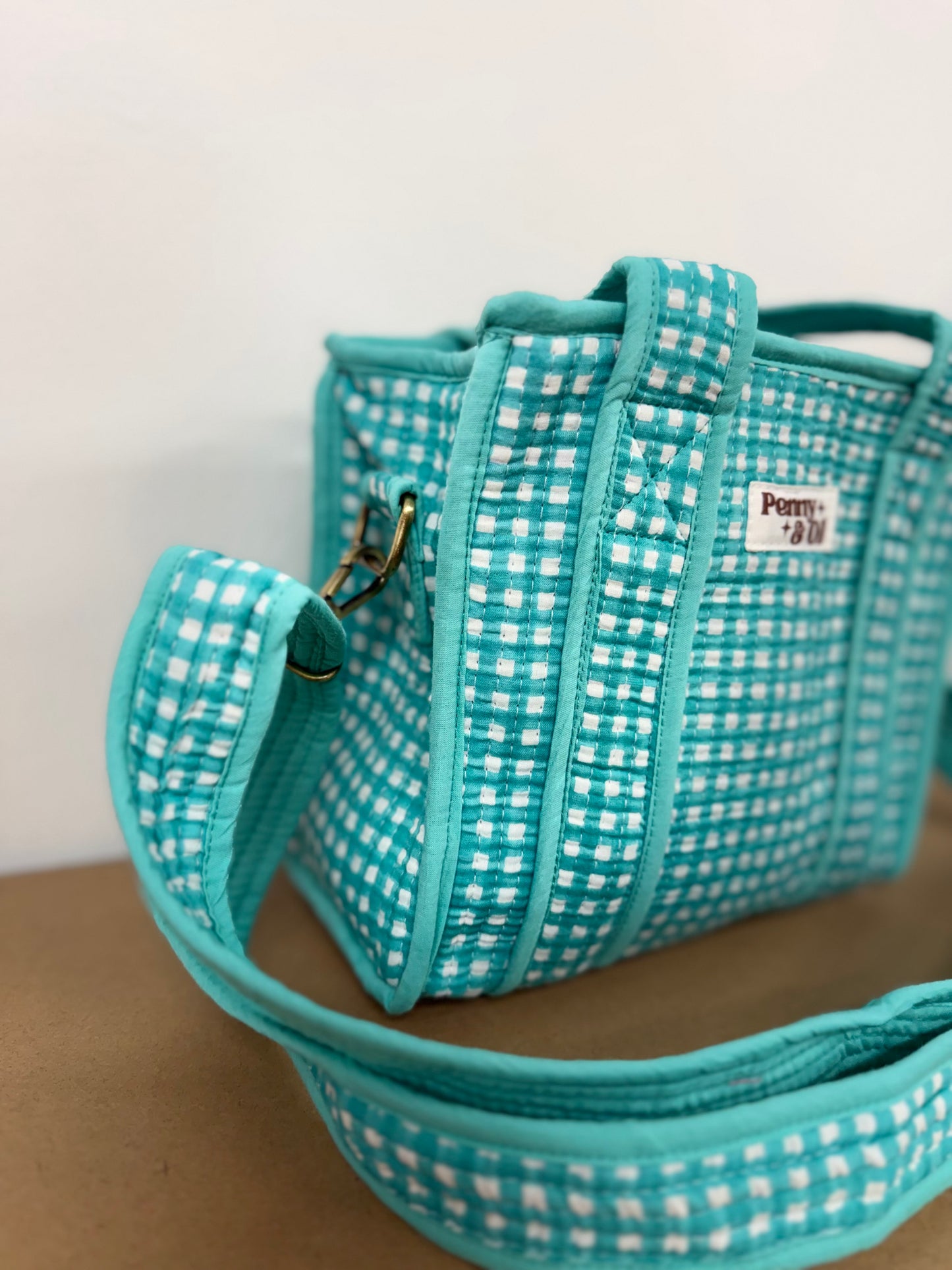 Aqua Gingham Collection. Cotton, handmade tote bags