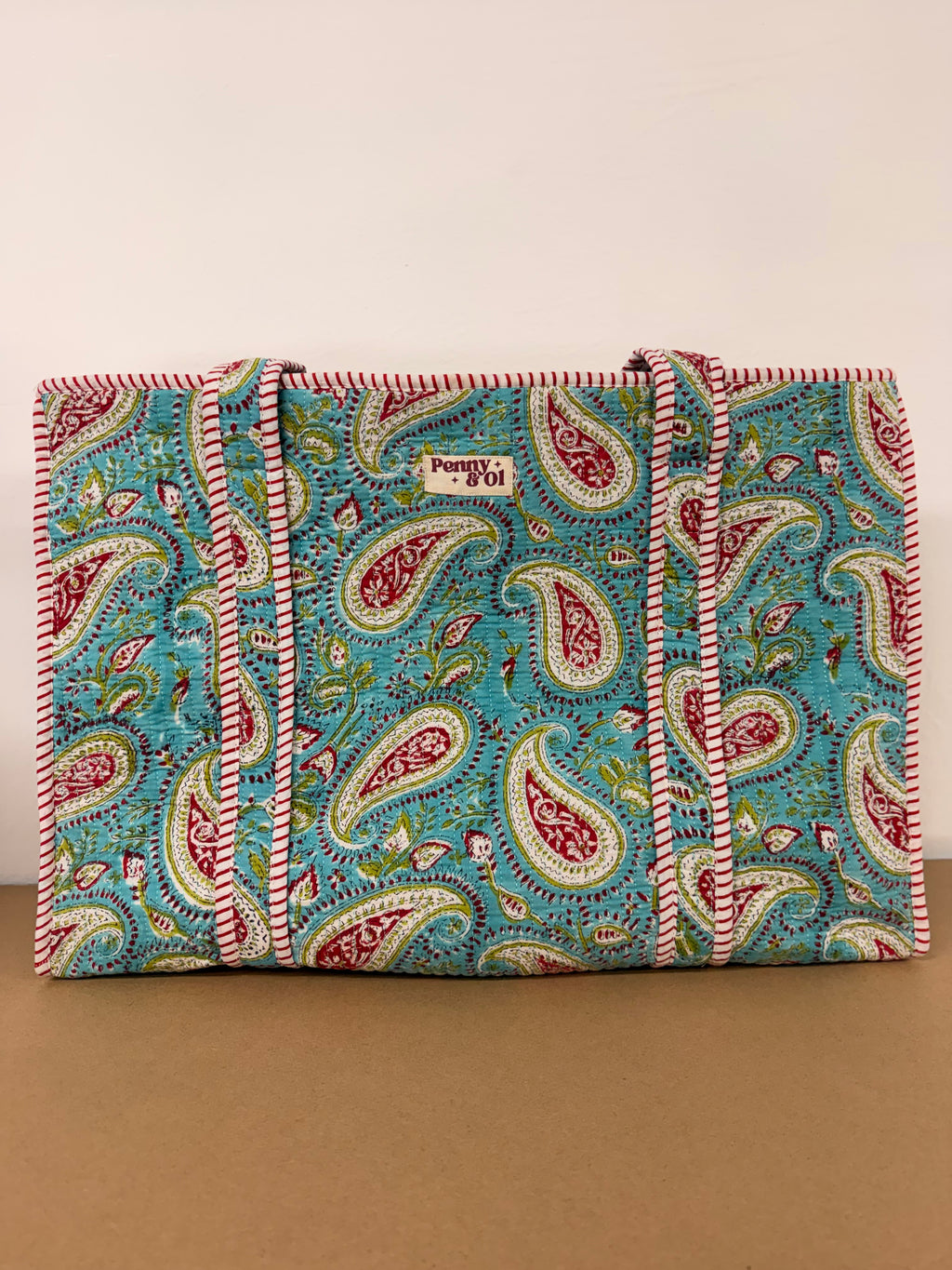Turquoise Paisley Large Cotton Tote Bag, handmade tote bags