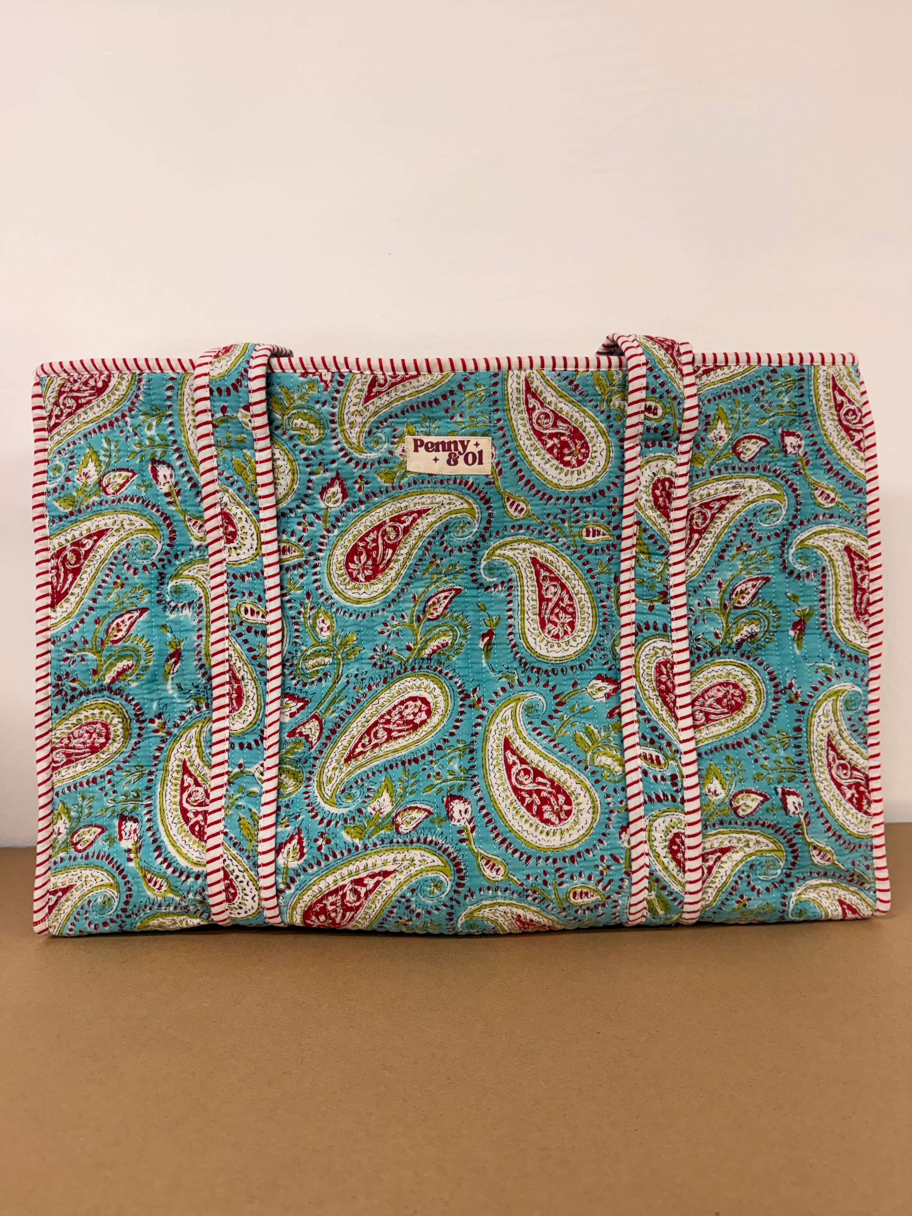 Turquoise Paisley Large Cotton Tote Bag, handmade tote bags