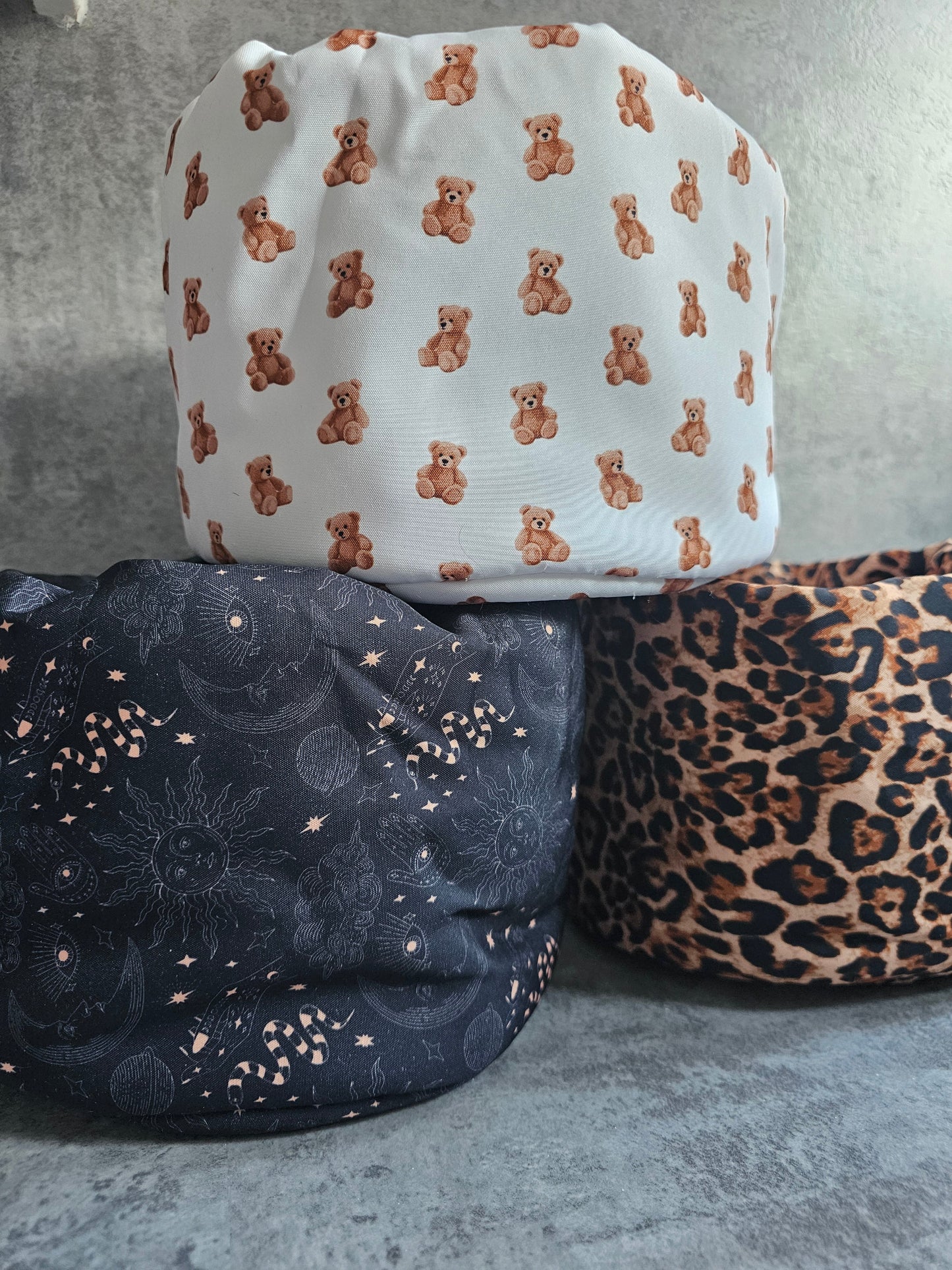 Padded fabric organisers, beauty baskets.