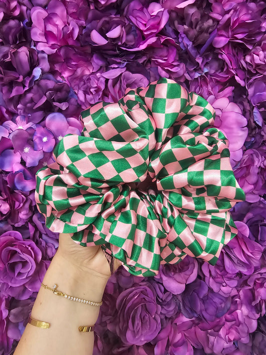Green And Pink Checkered XL Hair Scrunchie.