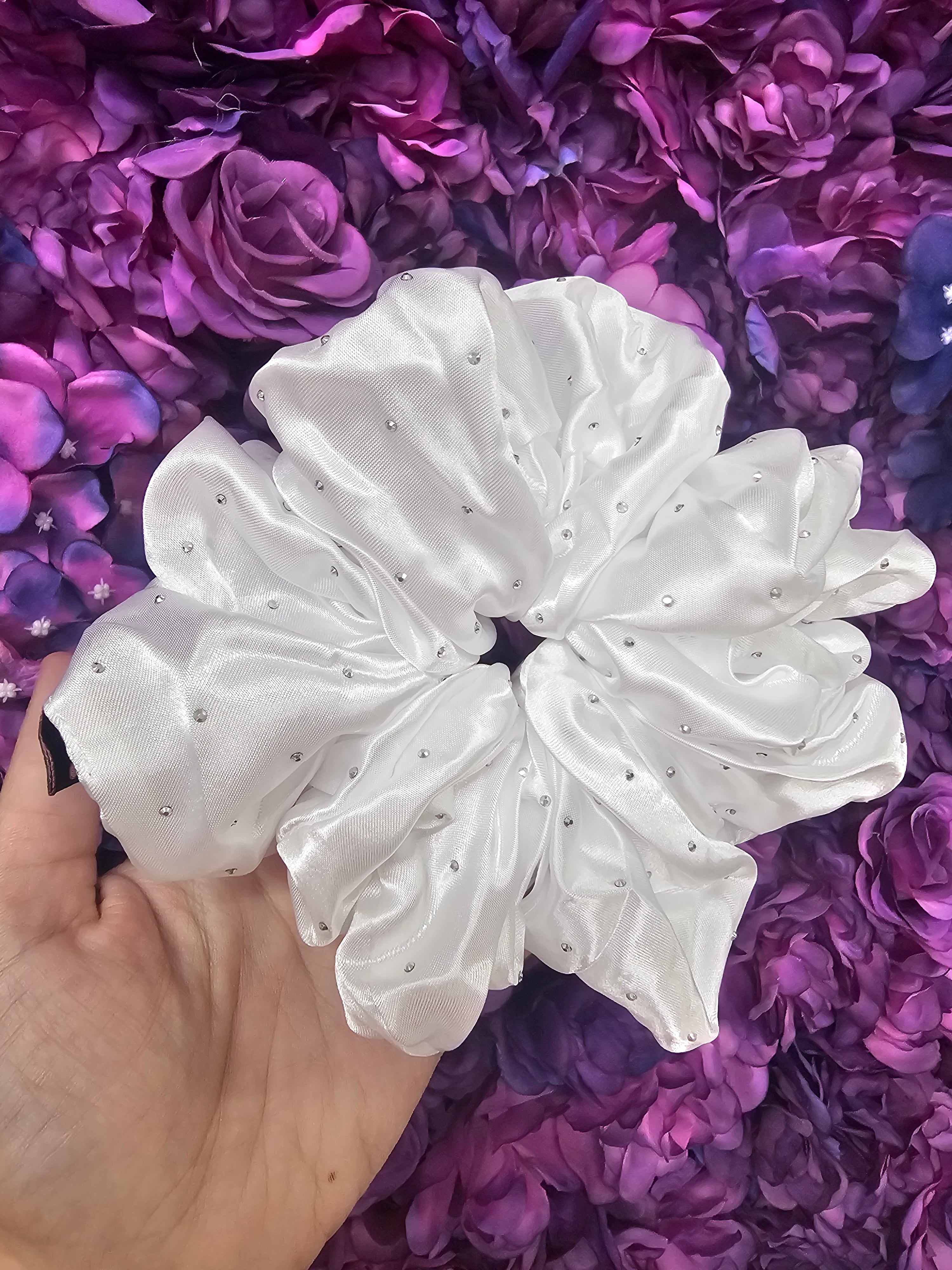 Pure White Diamante satin XL Hair Scrunchie.