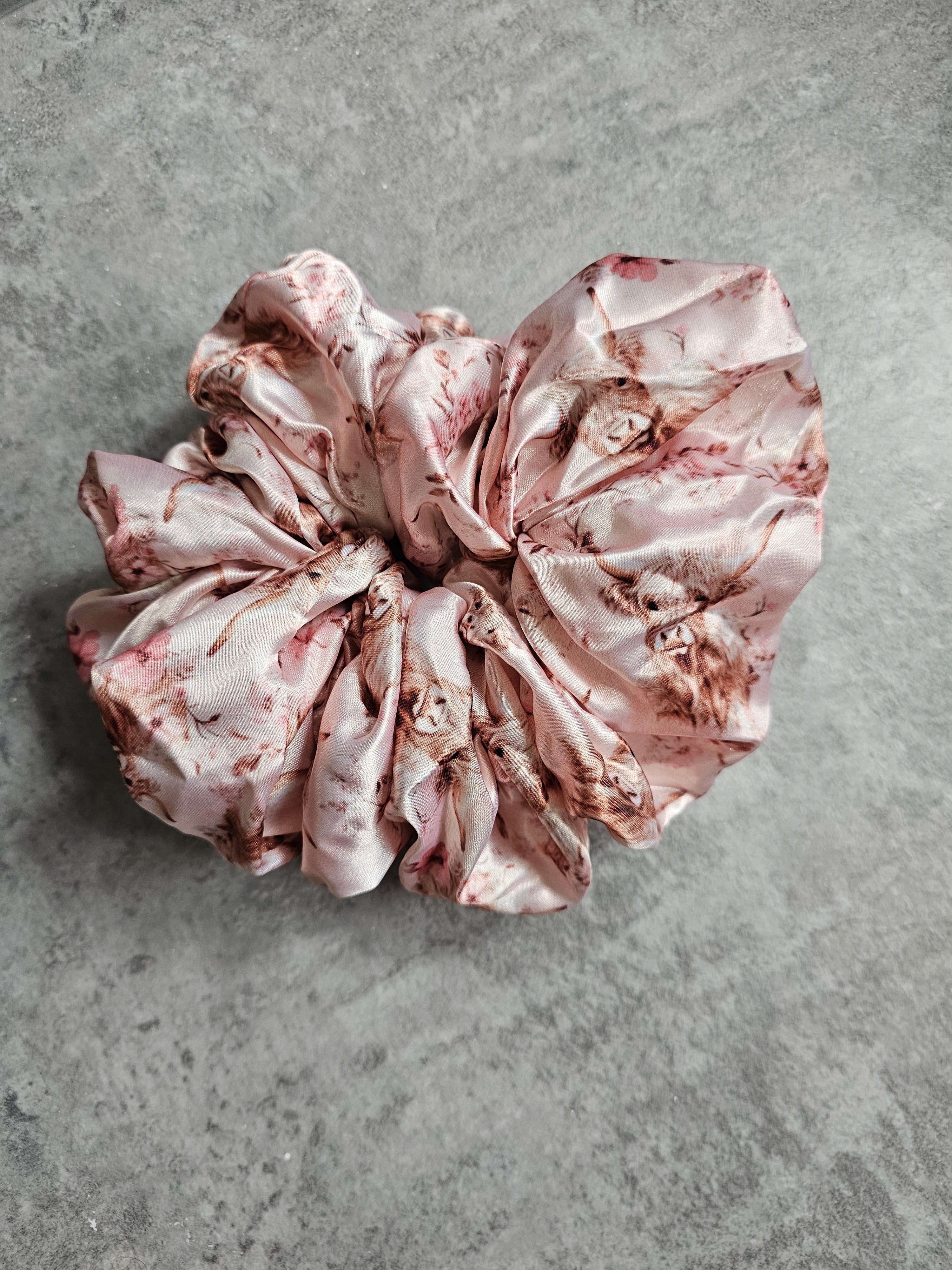 Pink Highland Cow XL Satin Hair Scrunchie.