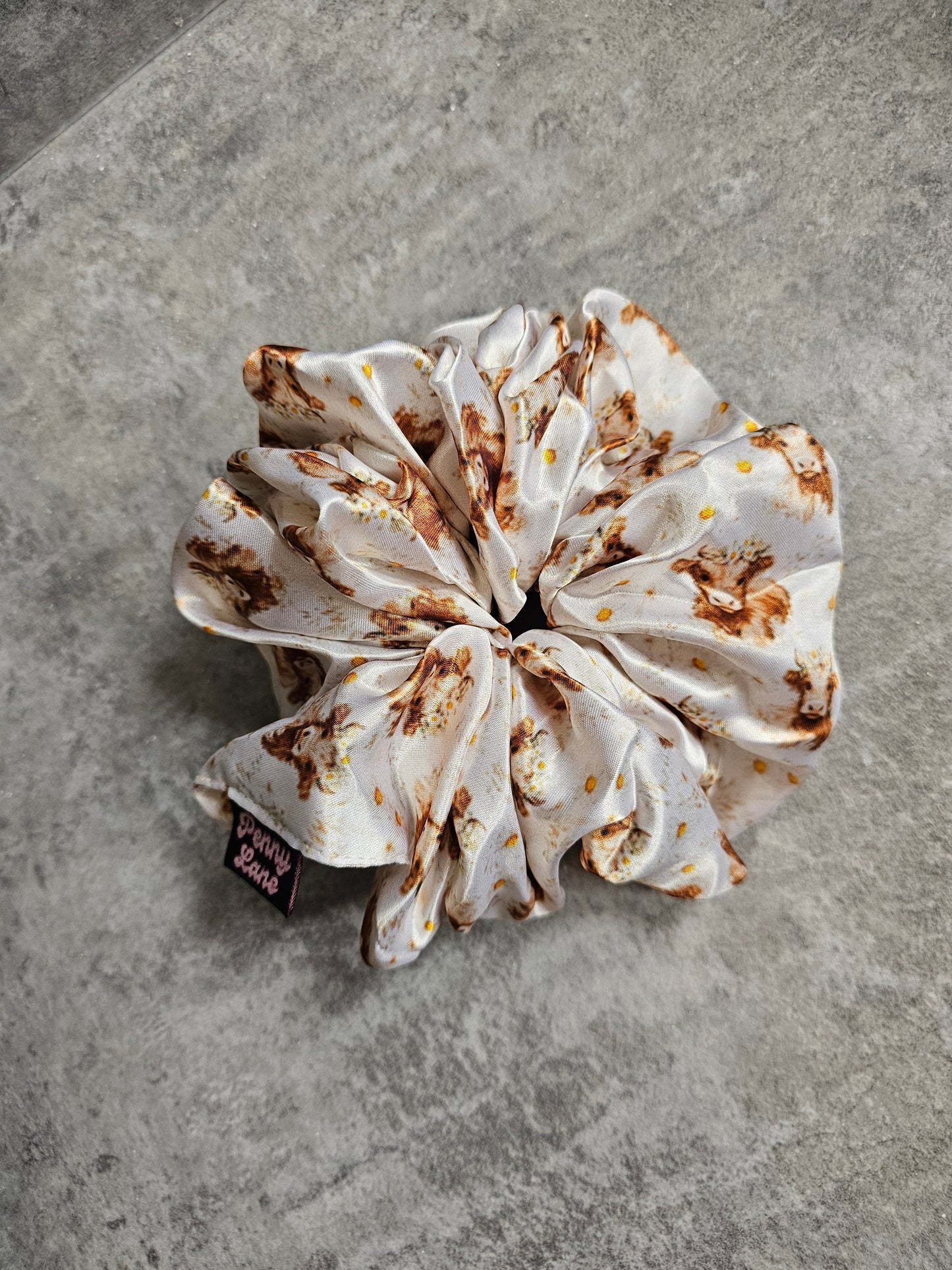Cream Highland Cow XL Satin Hair Scrunchie.