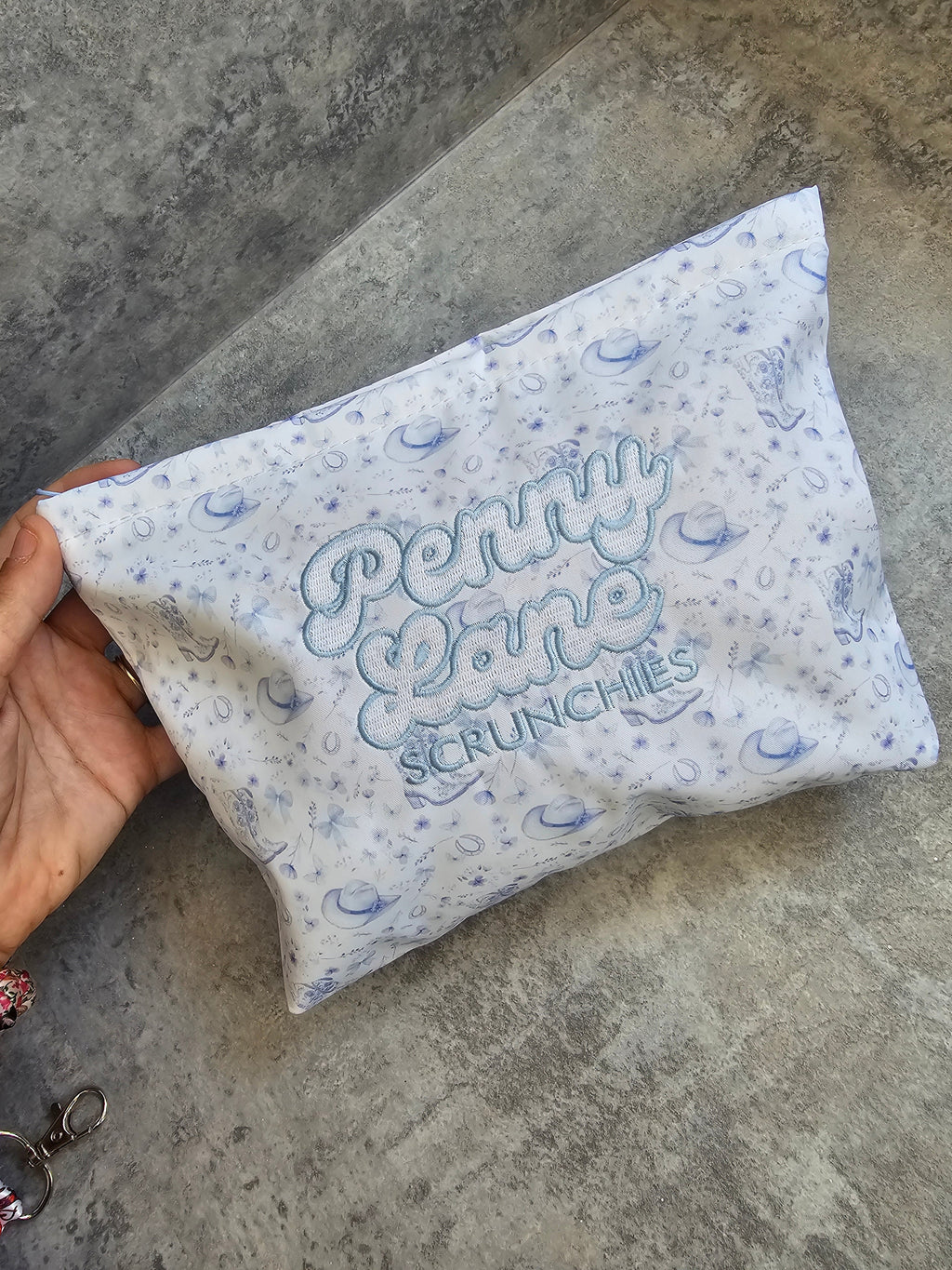 Dainty Blue Cowgirl Embroidered Zip Pouch