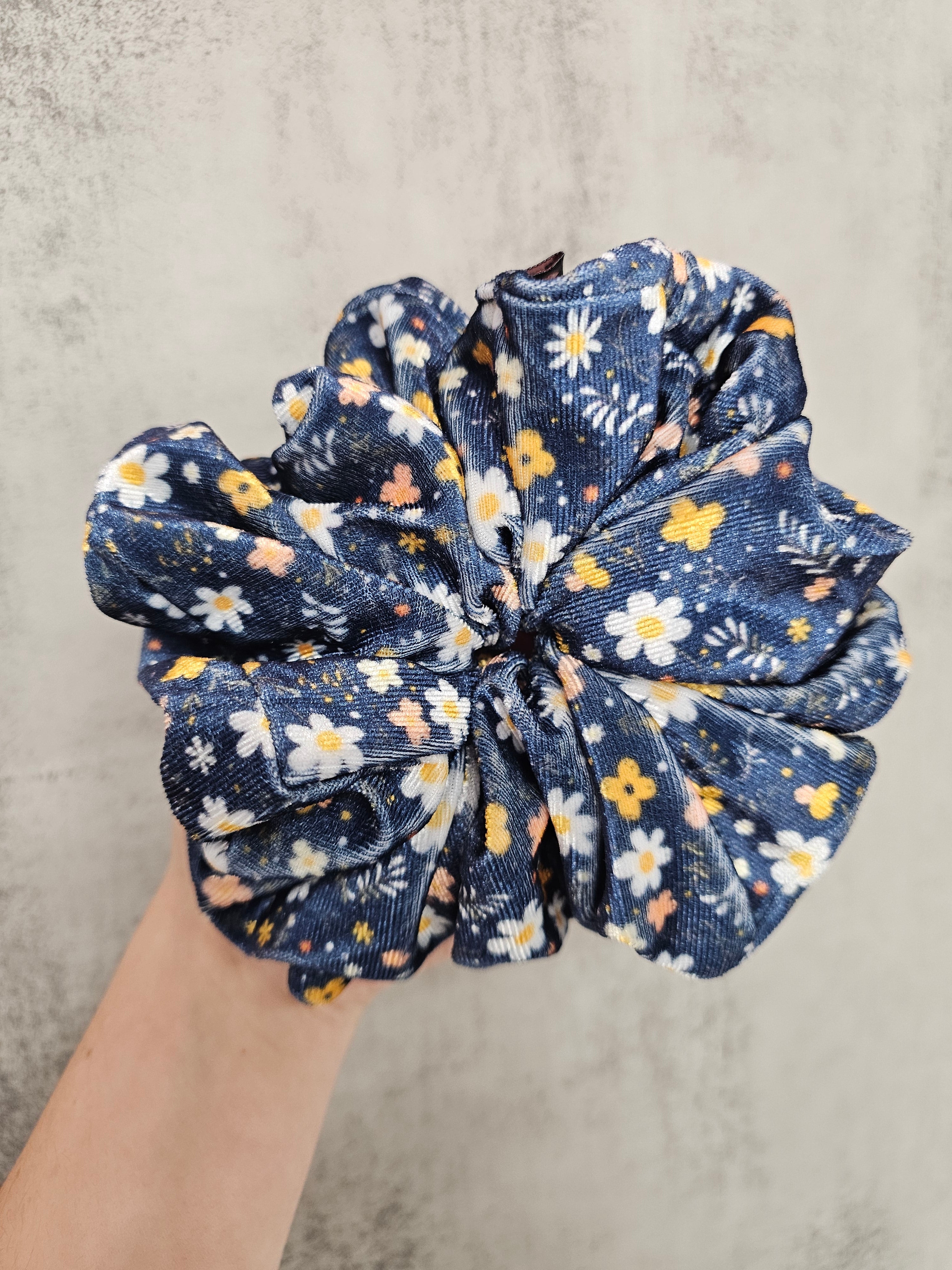 Navy Blossom Print Velvet XL Hair Scrunchie.