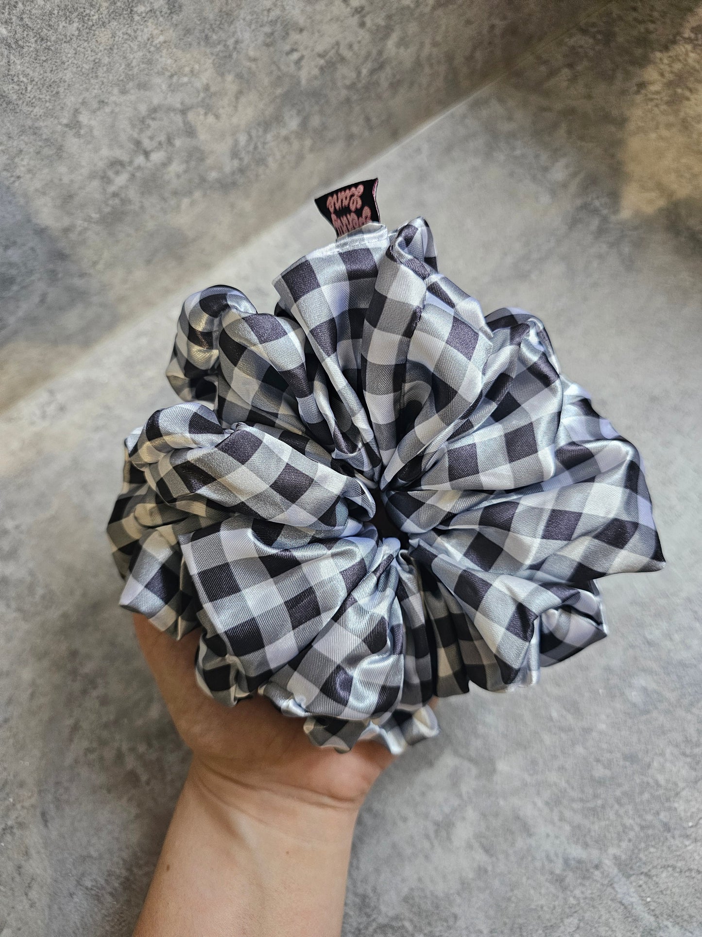 Black gingham XL Satin Hair Scrunchie
