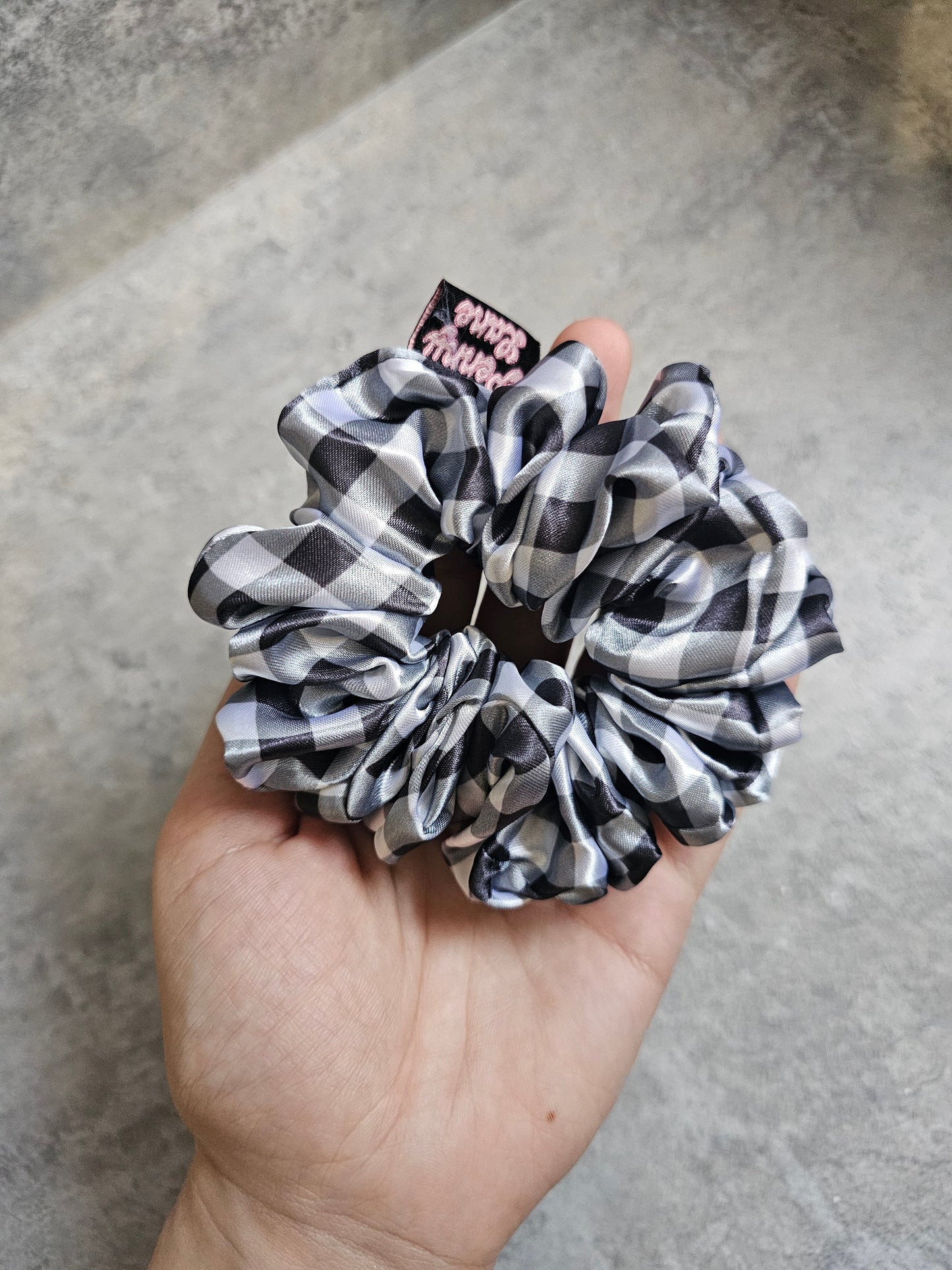 Black Gingham Midi Satin Hair Scrunchie