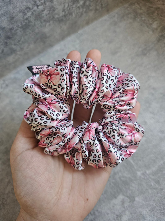 Pink Leopard Bows Midi Satin Hair Scrunchie