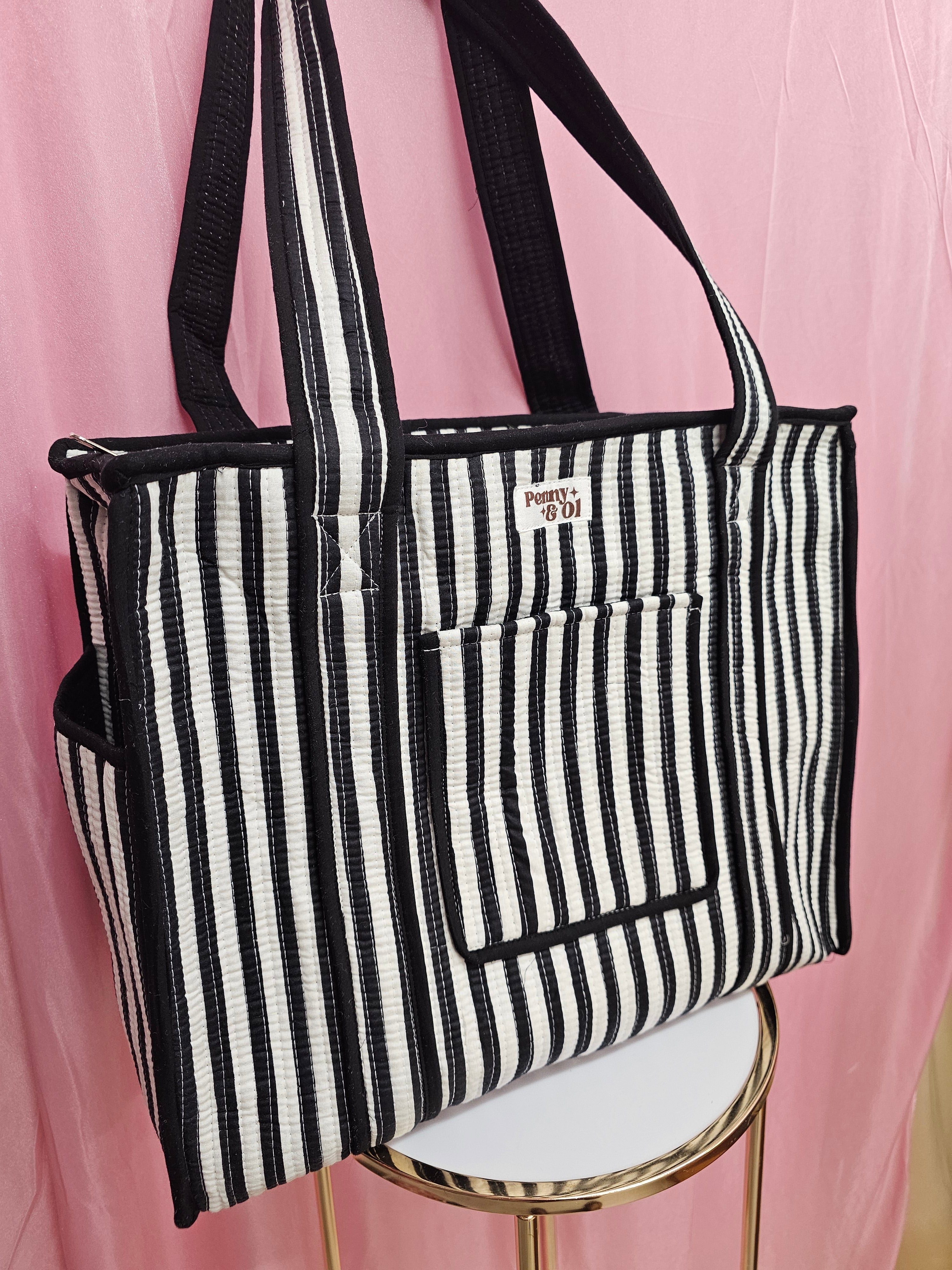 Black and white stripe travel tote bags. Handmade cotton totes
