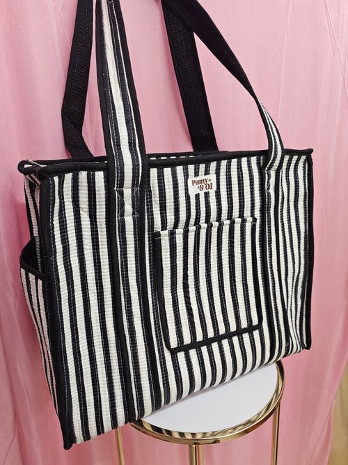 Black and white stripe travel tote bags. Handmade cotton totes