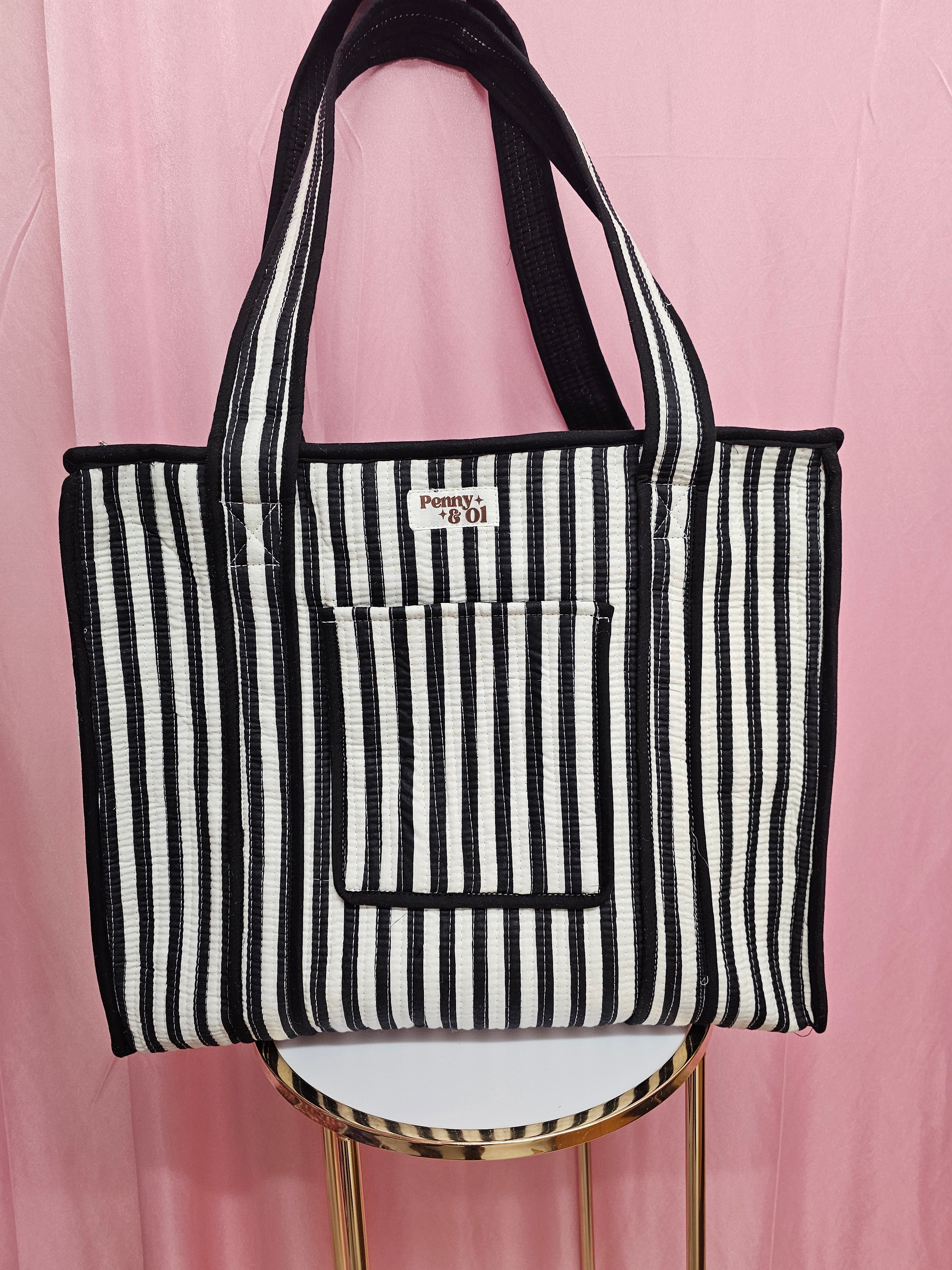Black and white stripe travel tote bags. Handmade cotton totes