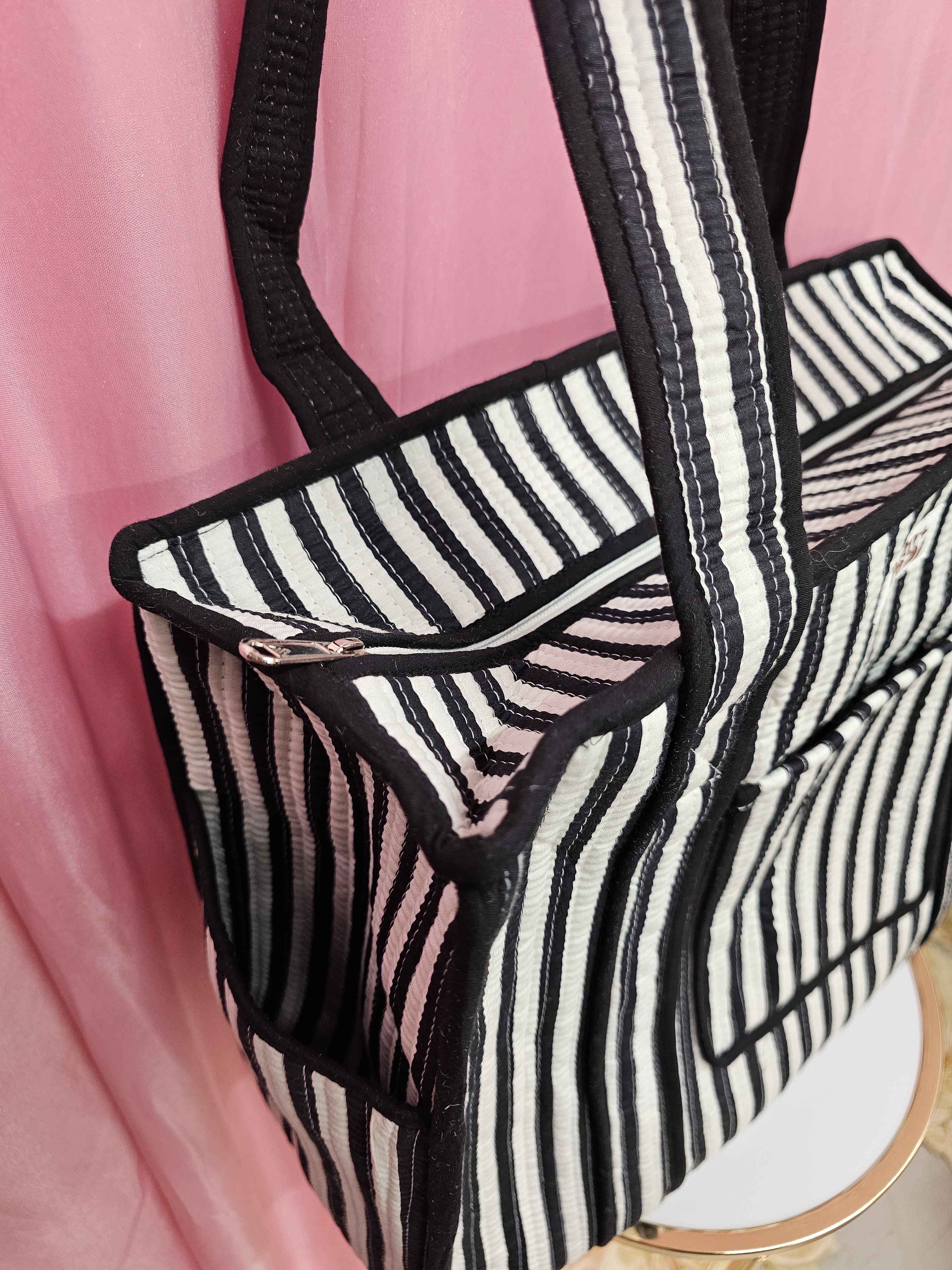 Black and white stripe travel tote bags. Handmade cotton totes