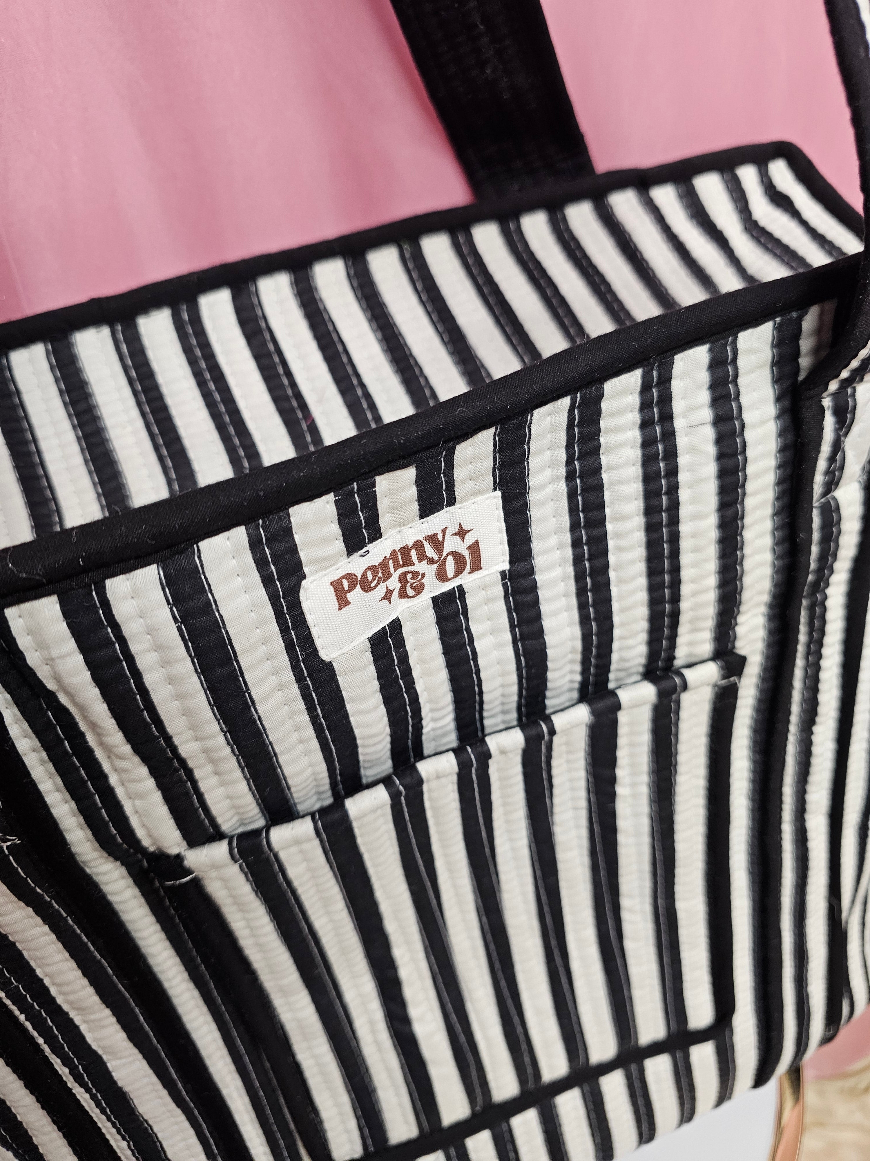 Black and white stripe travel tote bags. Handmade cotton totes