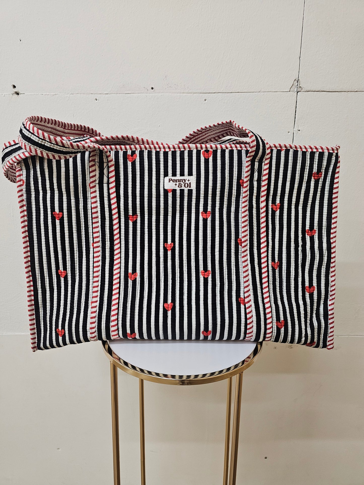 Black Striped Hearts Large Tote, tote bags. Cotton tote bags