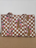 Brown Checkered Leopard Large Totes. Cotton, handmade tote bags