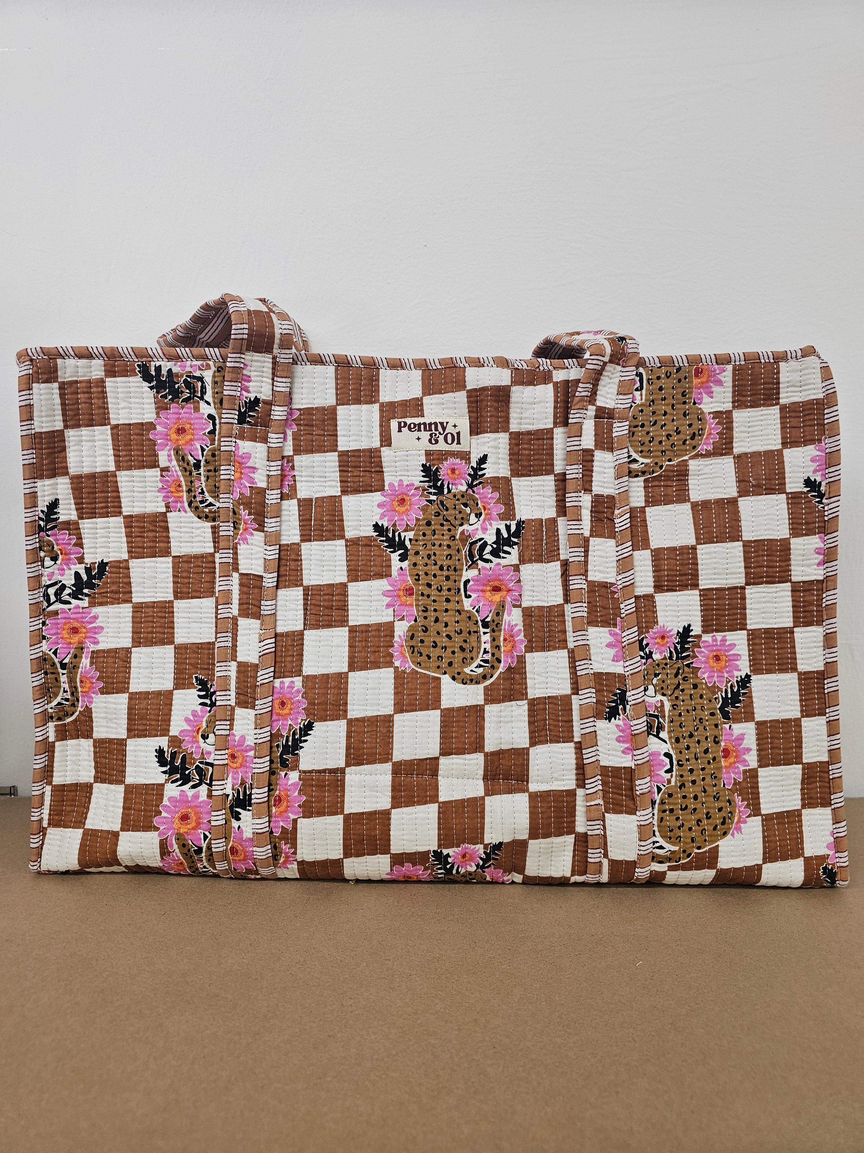 Brown Checkered Leopard Large Totes. Cotton, handmade tote bags