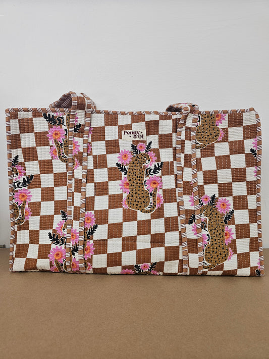 Brown Checkered Leopard Large Totes. Cotton, handmade tote bags