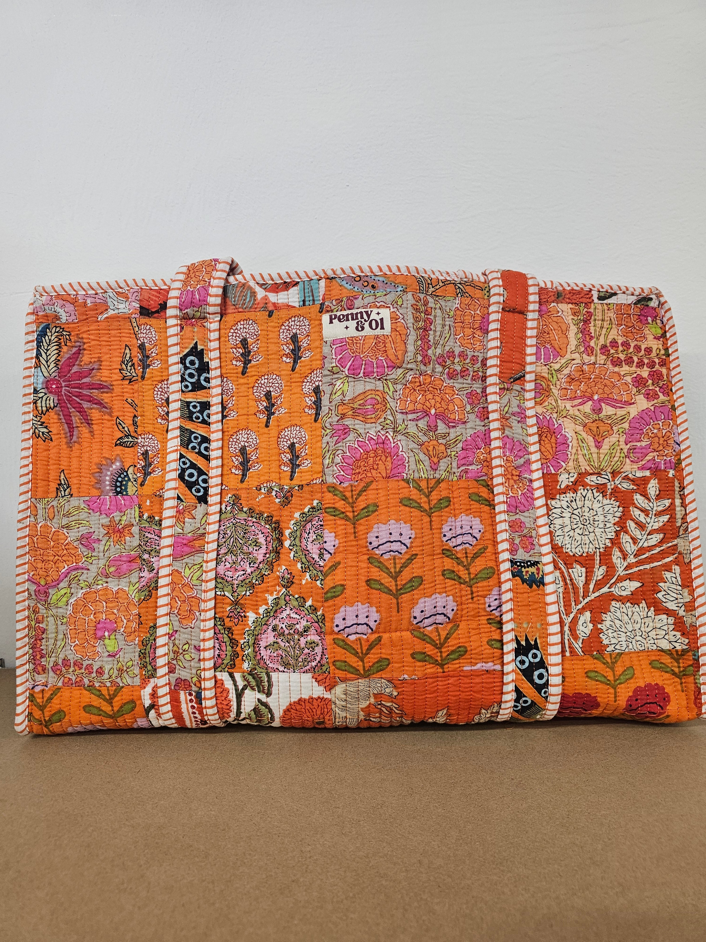 Orange Patchwork Large Tote, Cotton handmade tote bags