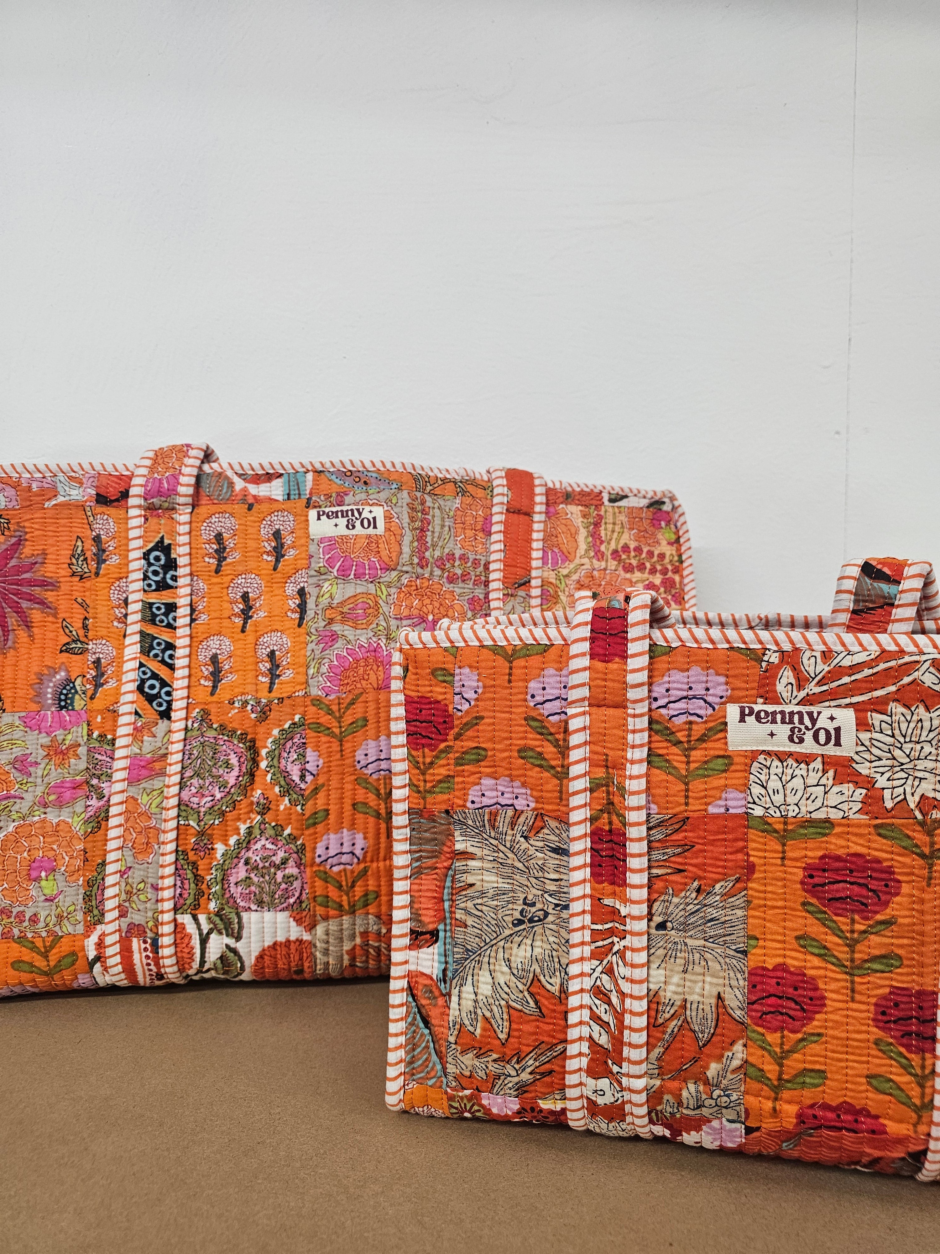 Orange Patchwork Large Tote, Cotton handmade tote bags
