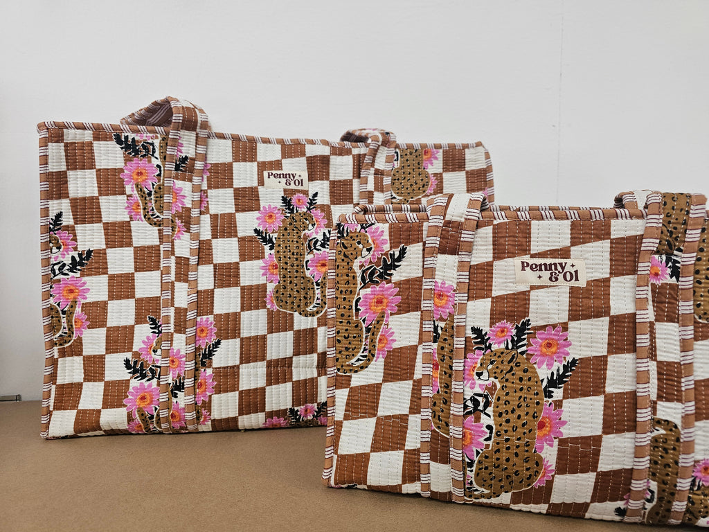 Brown Checkered Leopard Large Totes. Cotton, handmade tote bags