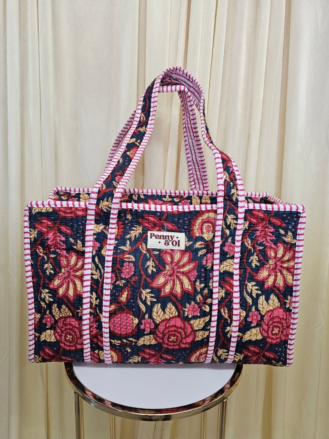 Navy Blossom Large Tote, Cotton handmade tote bags