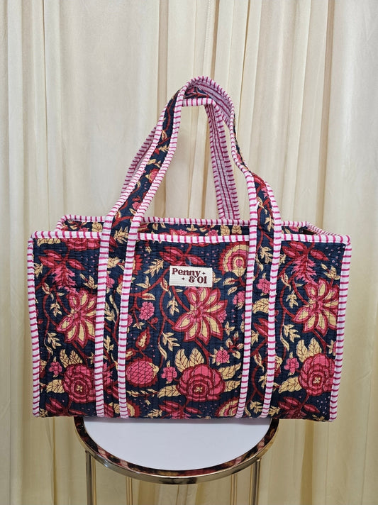 Navy Blossom Large Tote, Cotton handmade tote bags