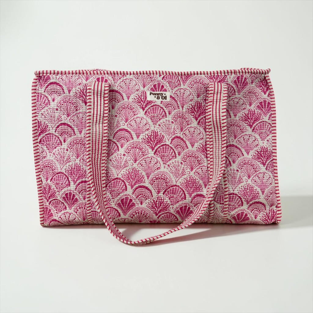 Pink Seashells Large tote bags. Handmade cotton totes