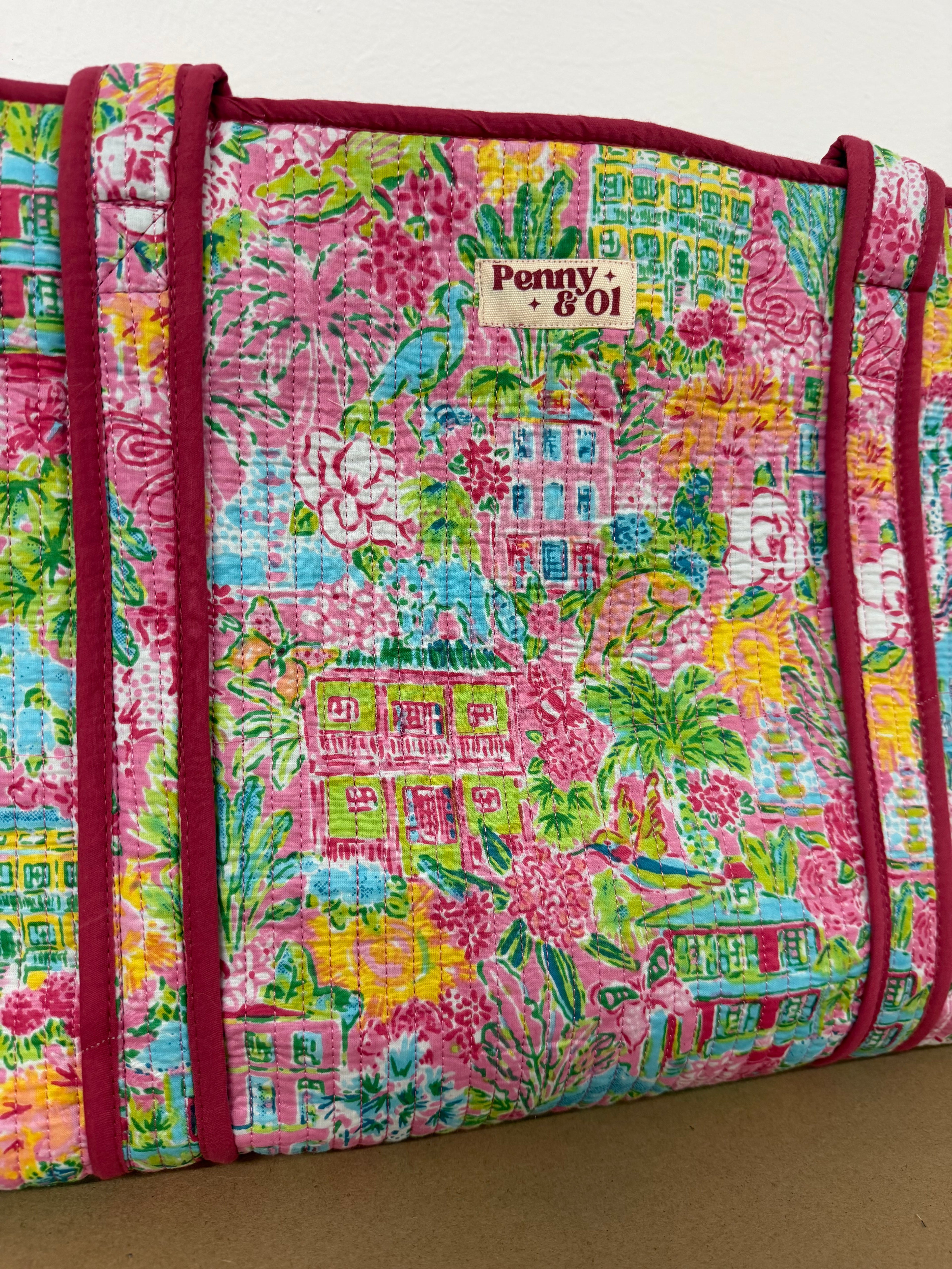 Summer Village Large Cotton Tote Bag, handmade tote bags