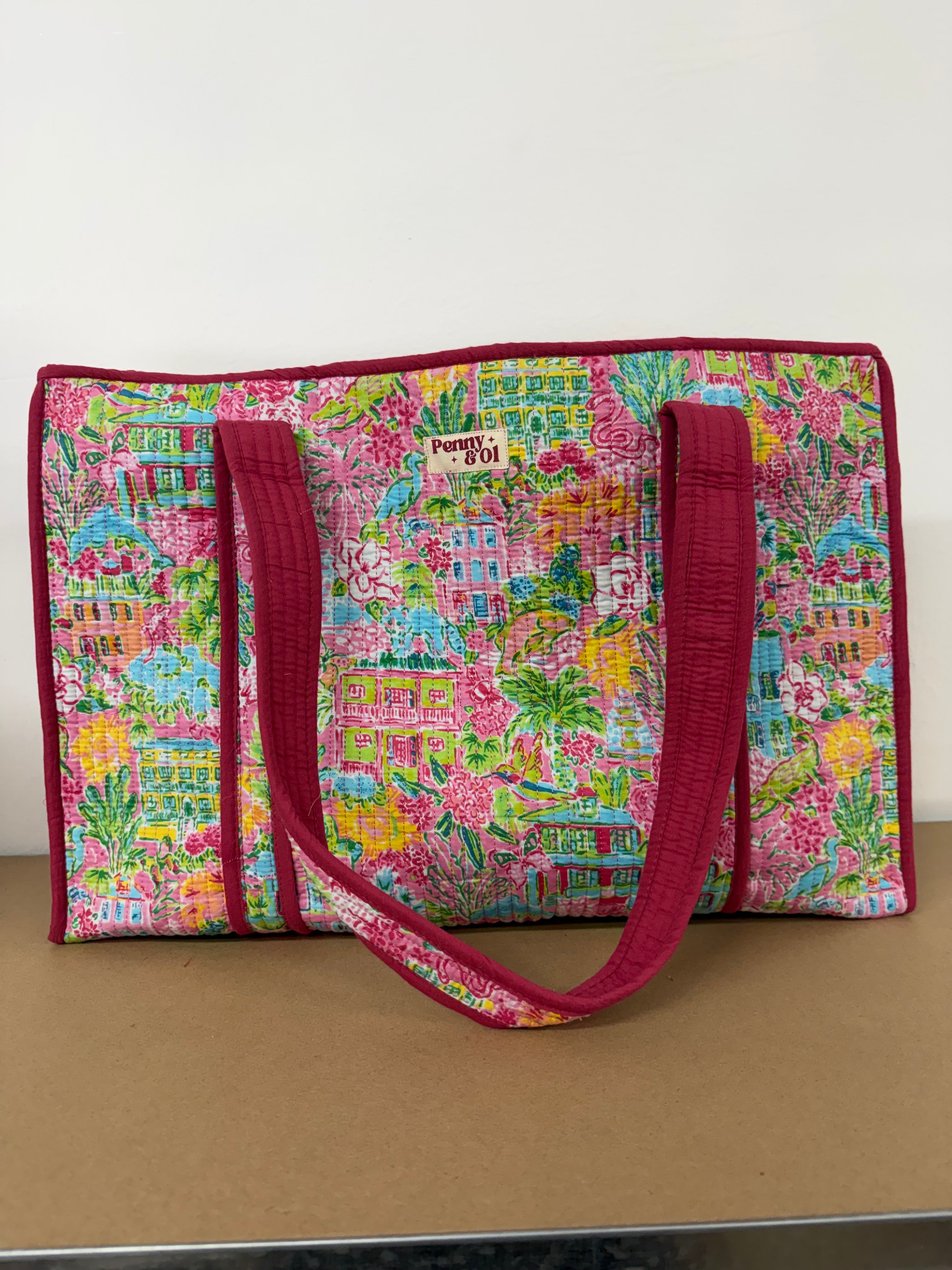 Summer Village Large Cotton Tote Bag, handmade tote bags