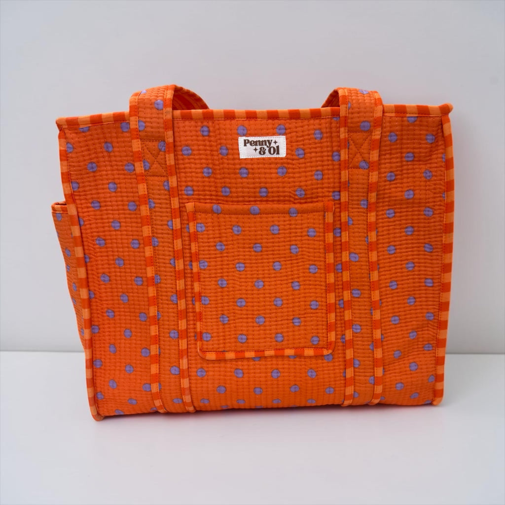 Orange polka dot & ORANGE stripe lining travel tote bags. Handmade cotton totes