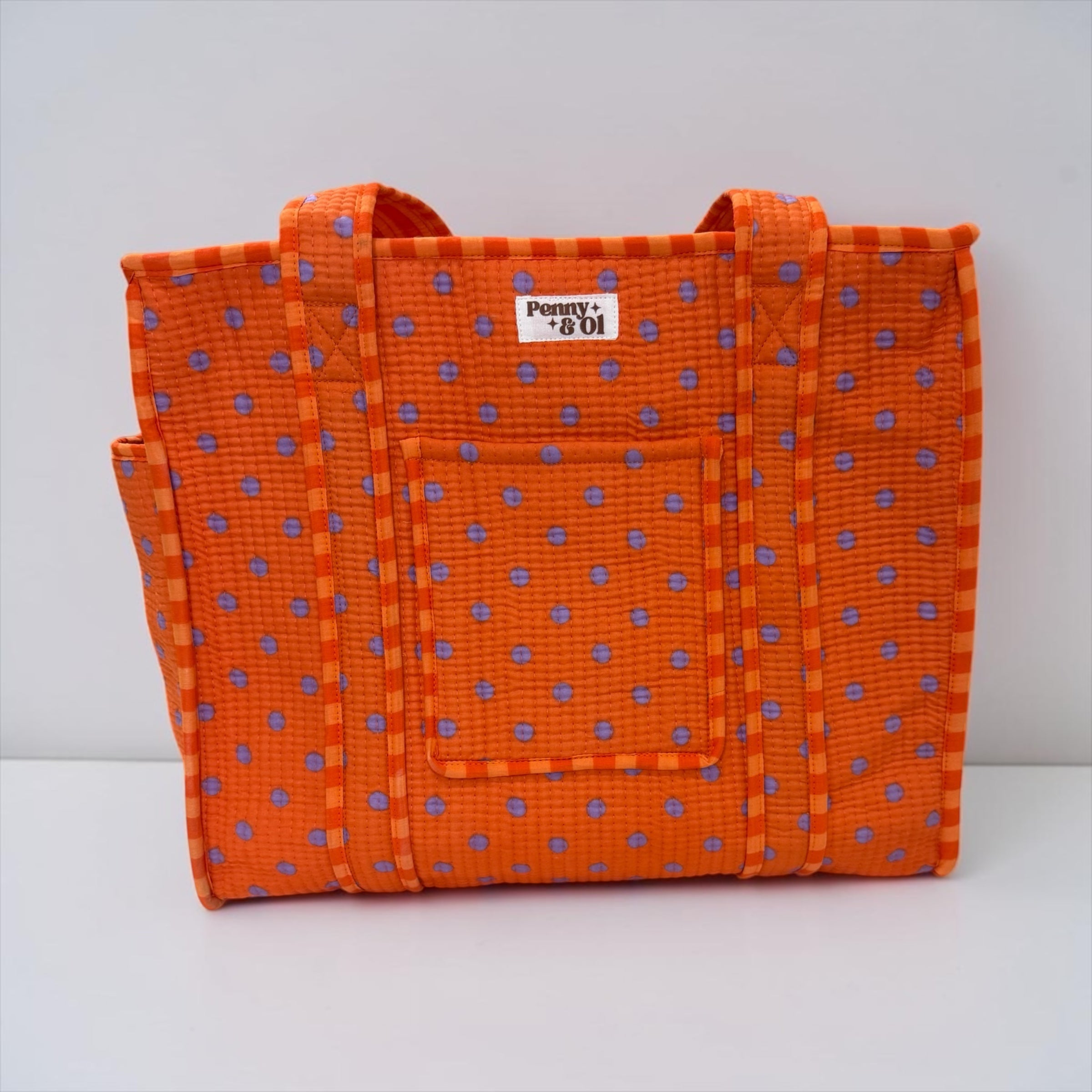 Orange polka dot & ORANGE stripe lining travel tote bags. Handmade cotton totes