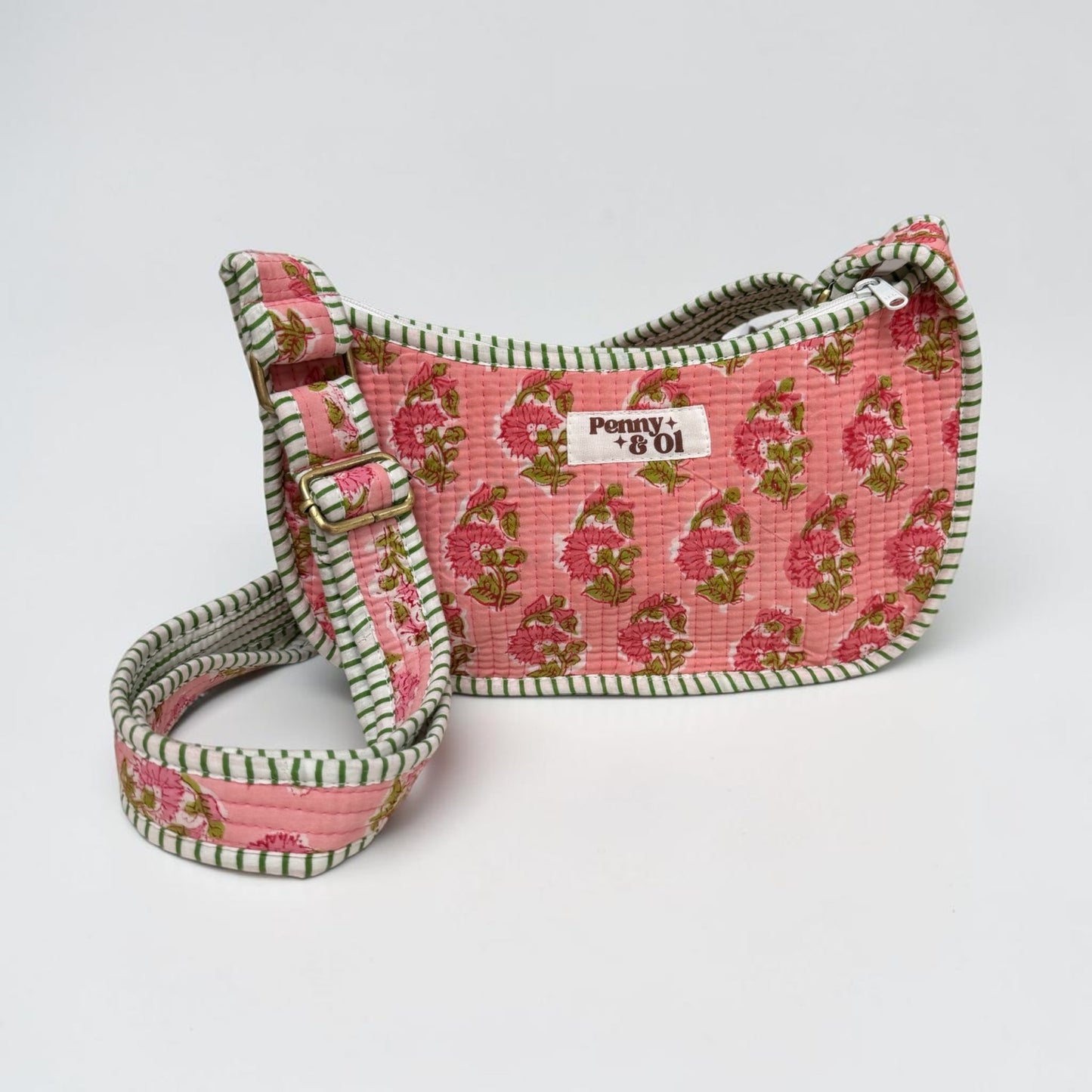Pink Floral Blockprint Mini Shoulder Bag, Handmade Cotton Tote Bags