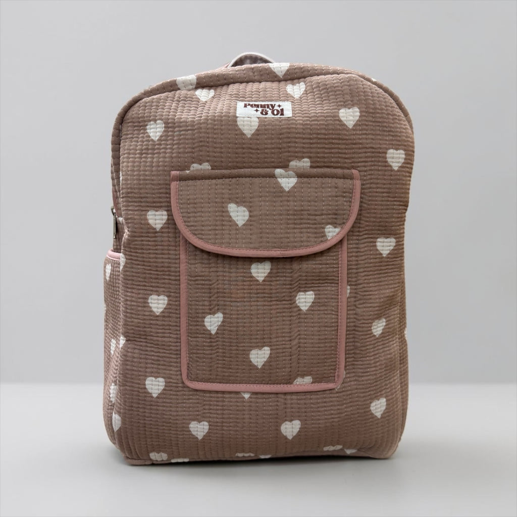 Beigey Pink Heart Backpack, handmade cotton tote bags.